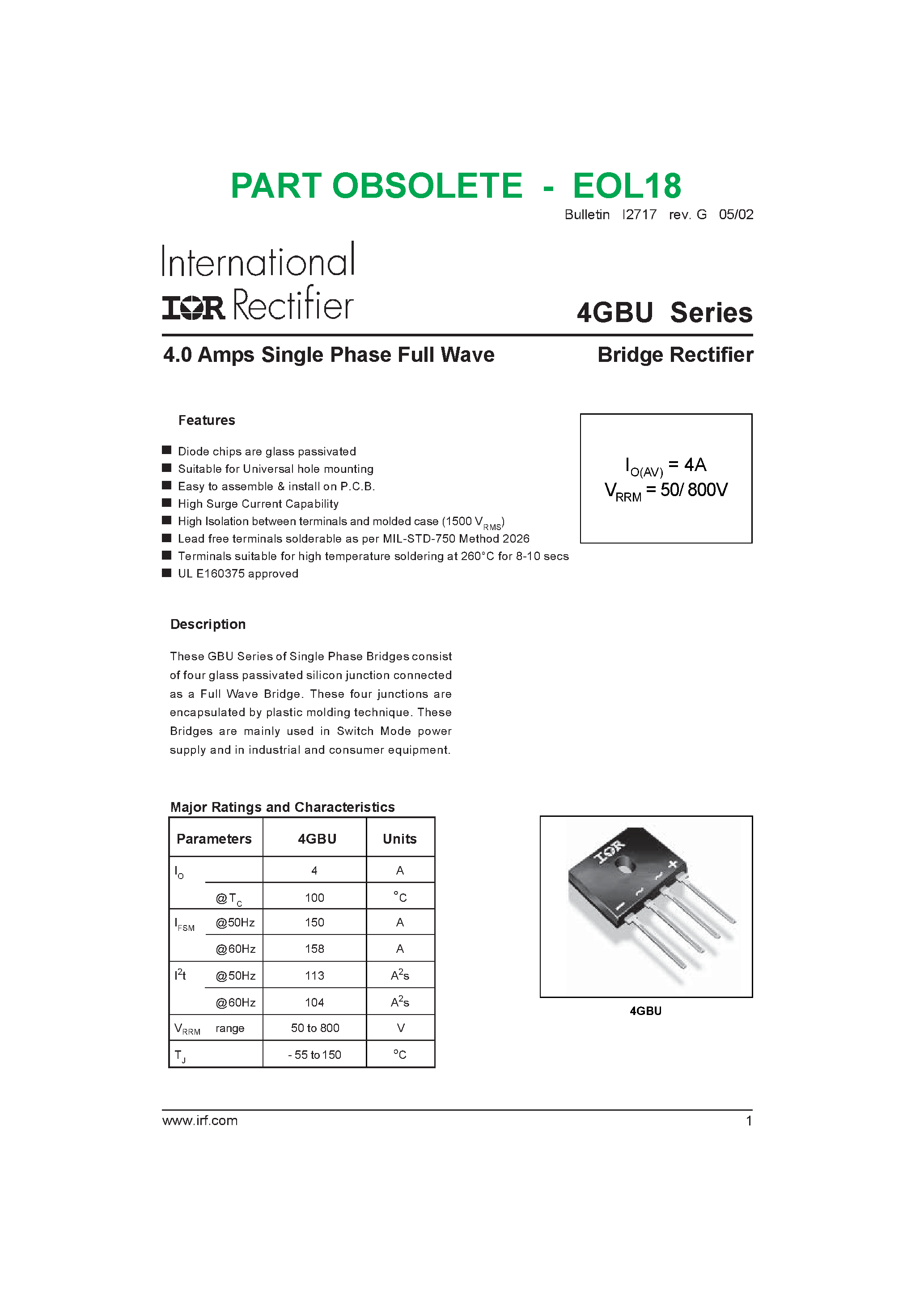 Datasheet 4GBU - 4.0 Amps Single Phase Full Wave page 1