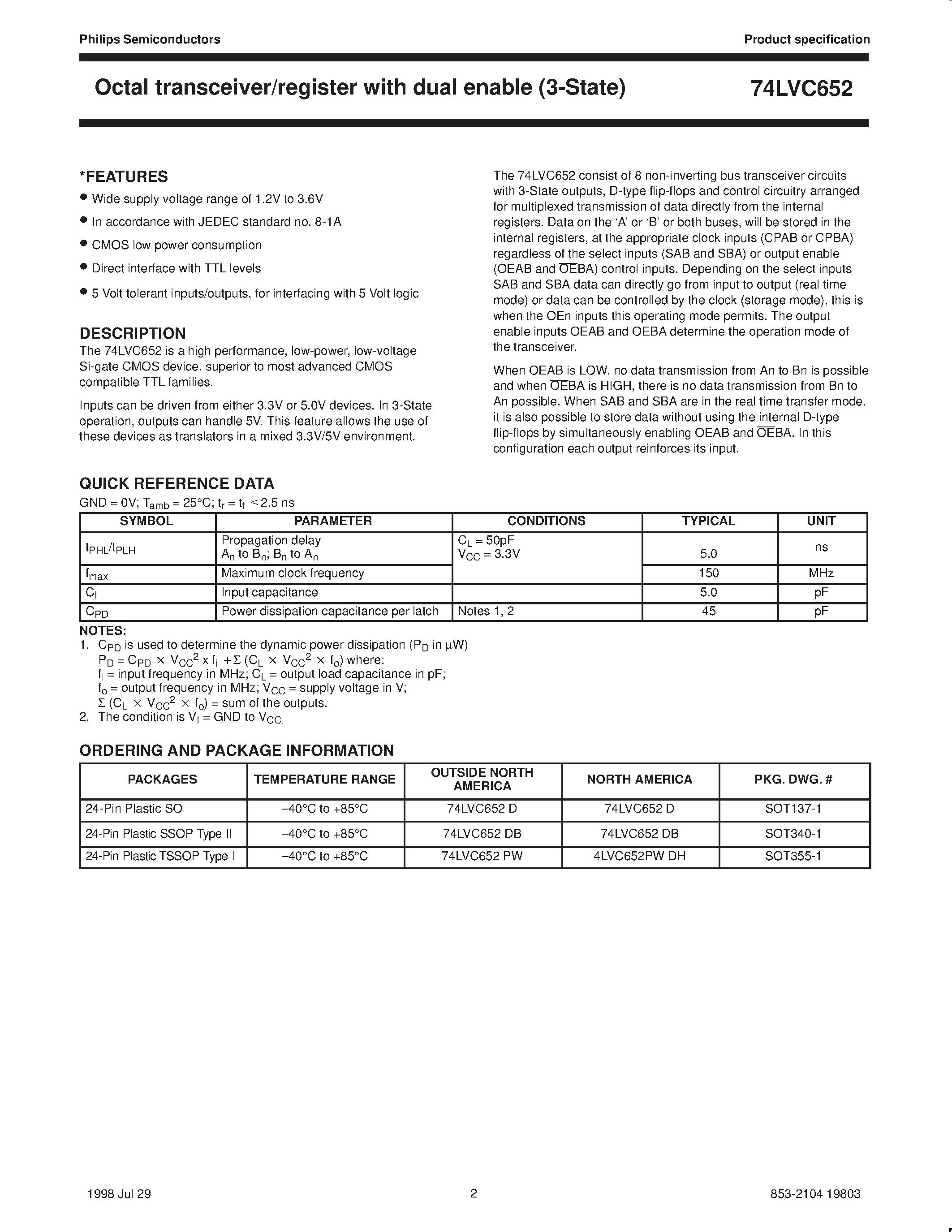 Datasheet 4LVC652PWDH - Octal transceiver/register with dual enable 3-State page 2