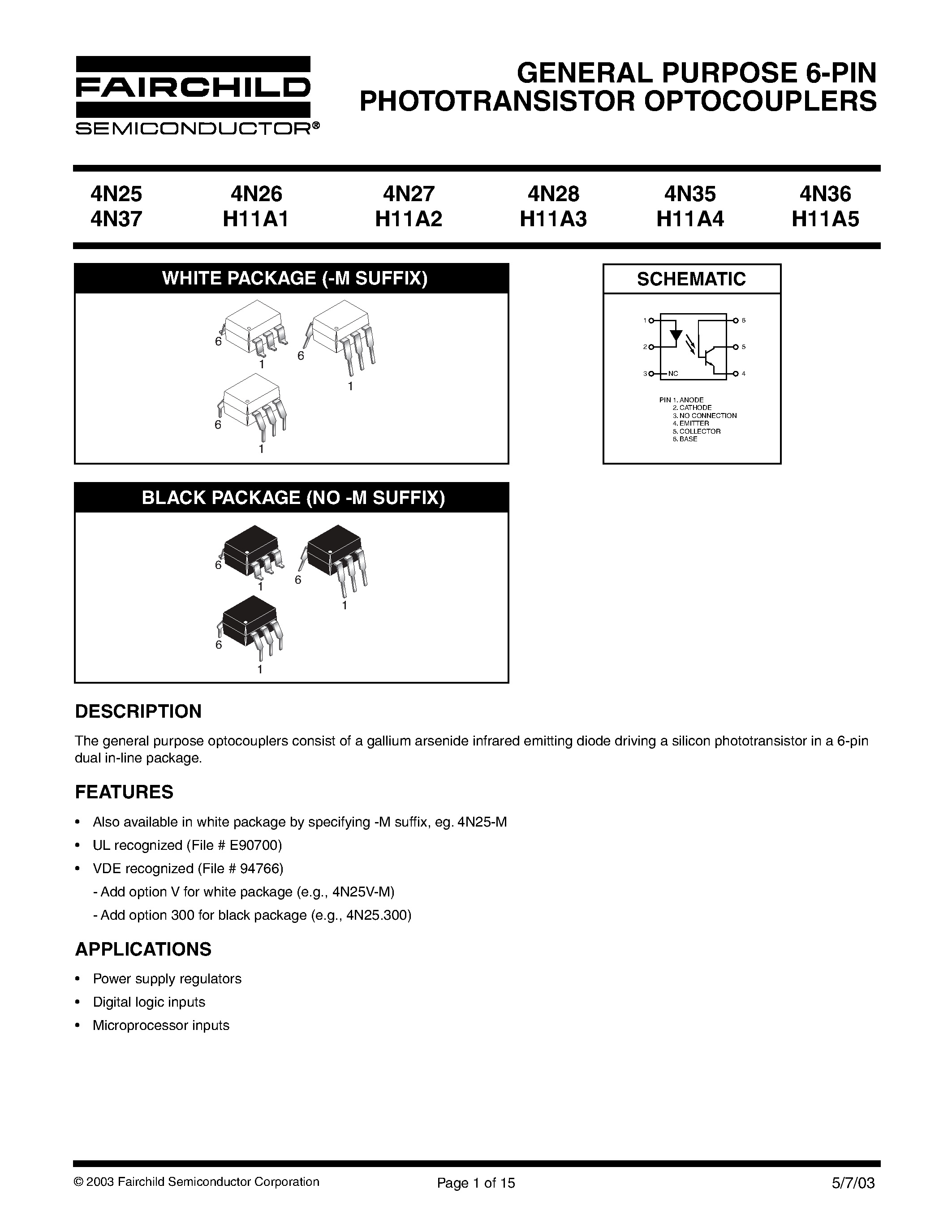 Datasheet 4N27 page 1 Datasheet 4N27 - GENERAL PURPOSE 6-PIN PHOTOTRANSISTOR OPTOCOUPLERS page 1