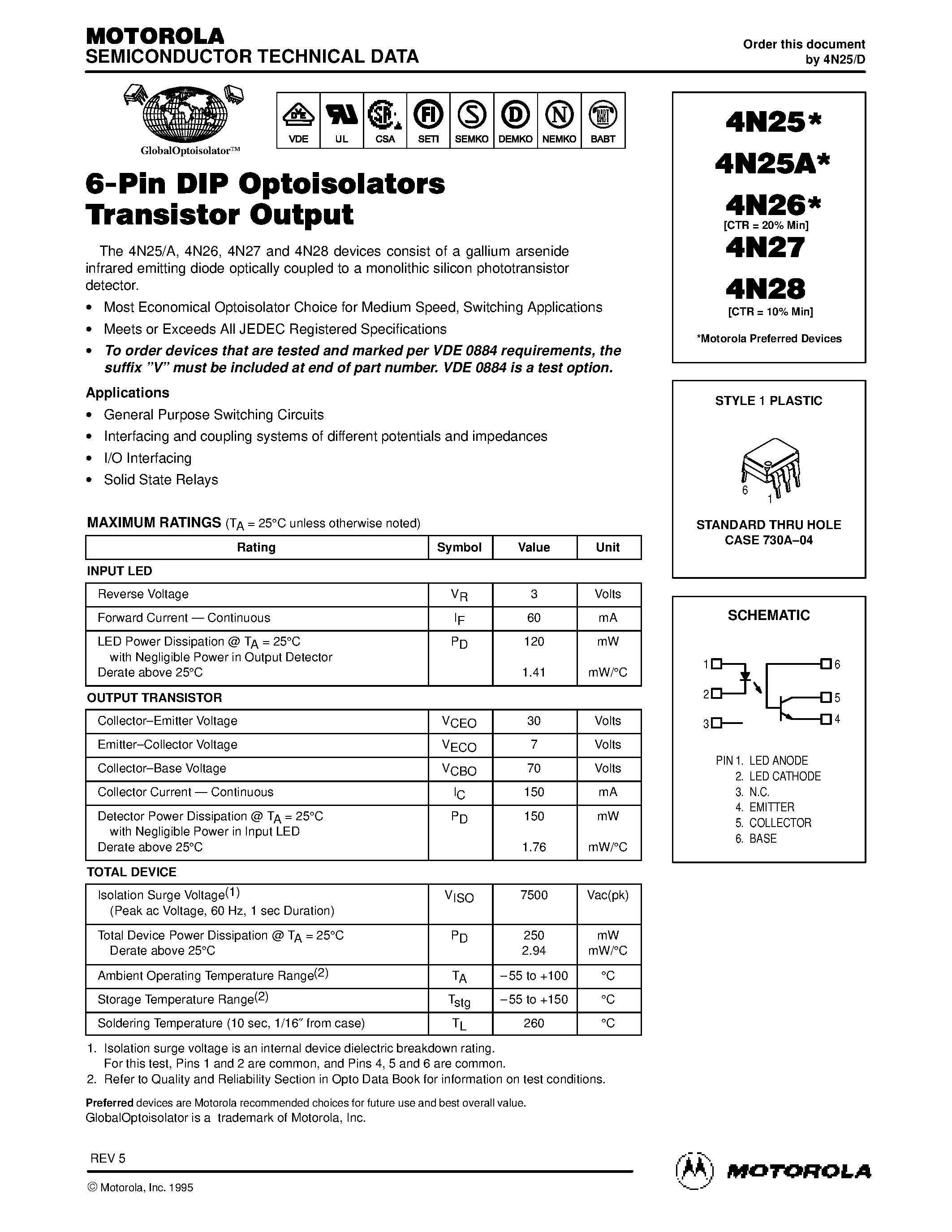 Datasheet 4N28 page 1 Datasheet 4N28 - 6-Pin DIP Optoisolators Transistor Output page 1
