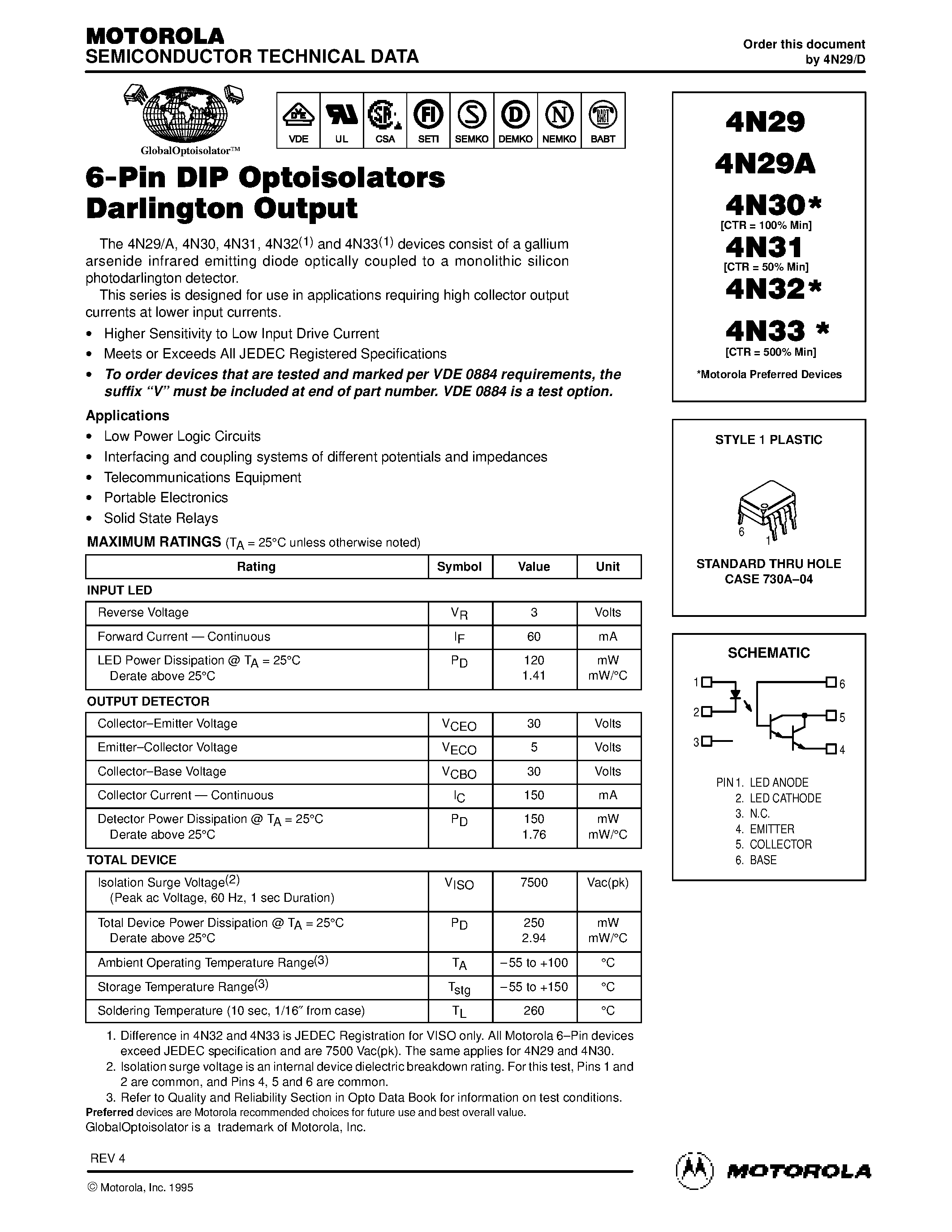 Даташит на микросхему 4N31 страница 1 Даташит 4N31 - STANDARD THRU HOLE CASE 730A-04 страница 1