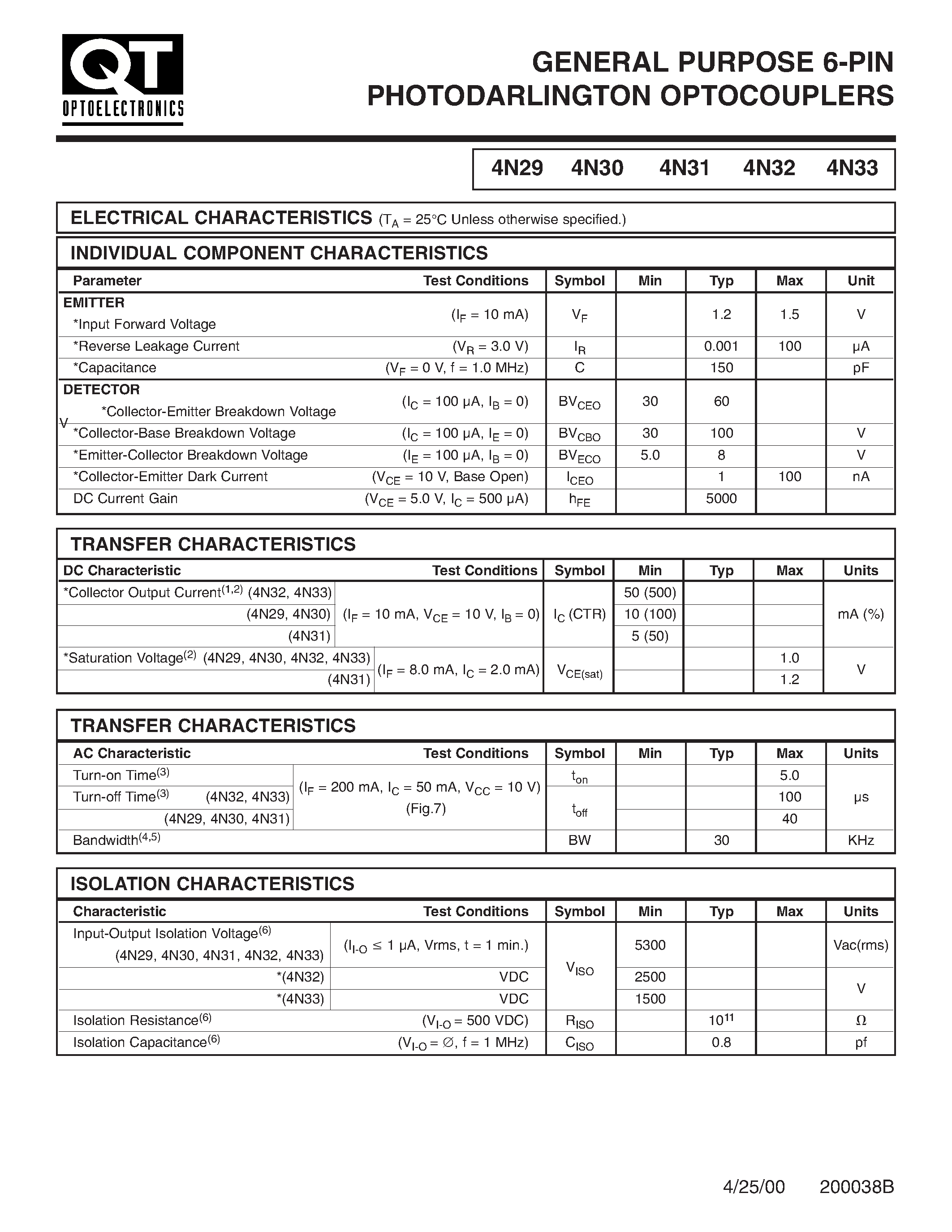 Datasheet 4N31 - GENERAL PURPOSE 6-PIN PHOTODARLINGTON OPTOCOUPLERS page 2