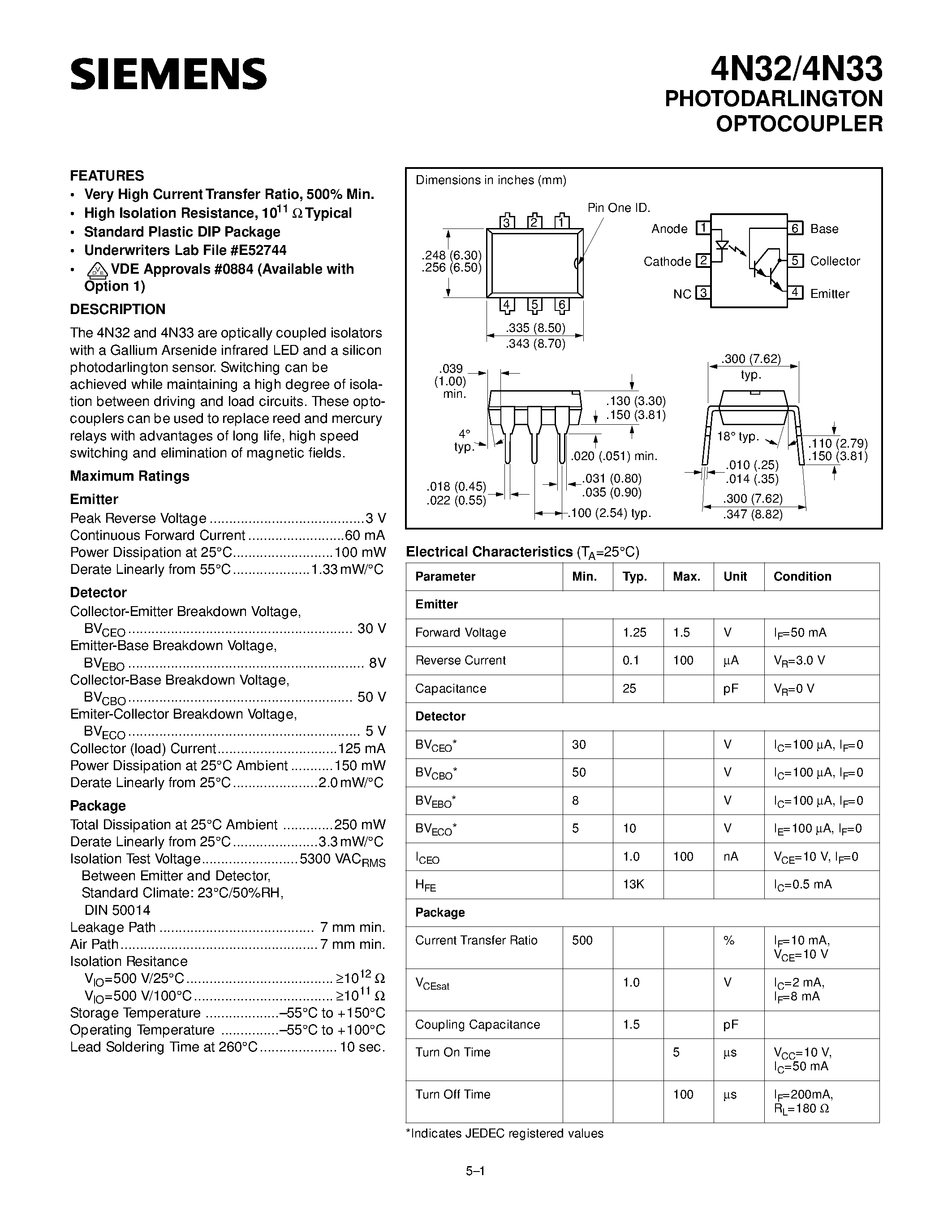 Datasheet 4N32 page 1 Datasheet 4N32 - PHOTODARLINGTON OPTOCOUPLER page 1