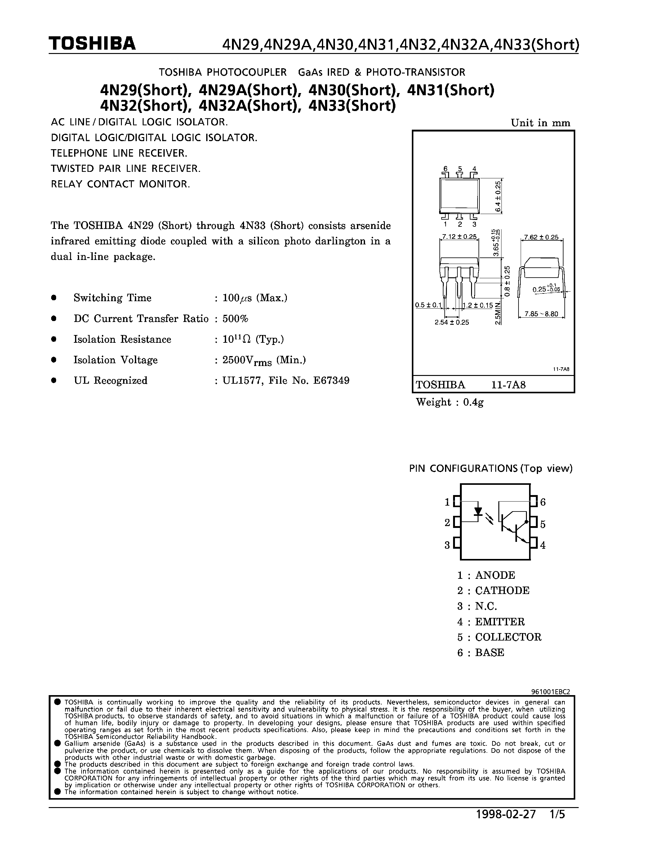 Datasheet 4N32 page 1 Datasheet 4N32 - PHOTO TRANSISTOR (AC LINE/DIGITAL LOGIC ISOLATOR) page 1