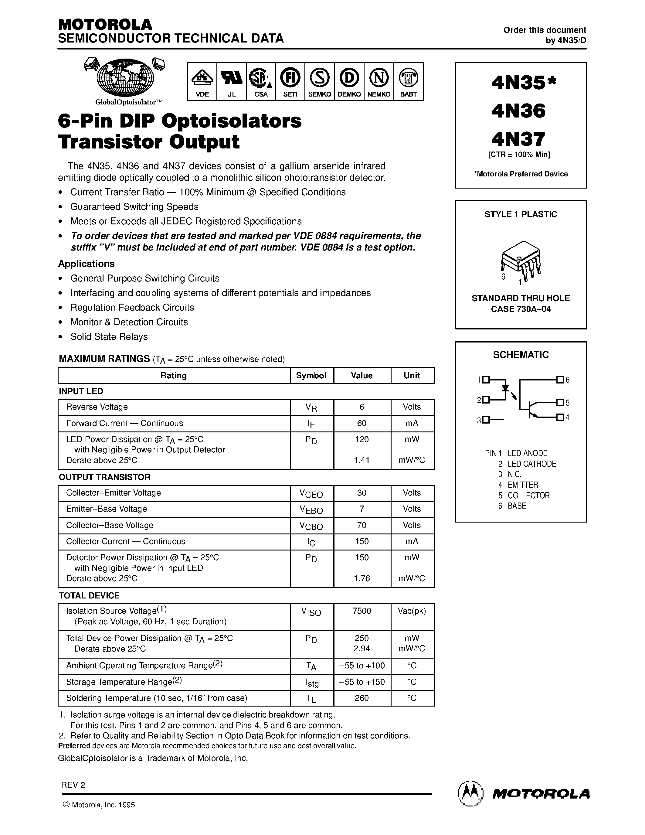 Даташит на микросхему 4N36 страница 1 Даташит 4N36 - STANDARD THRU HOLE CASE 730A-04 страница 1