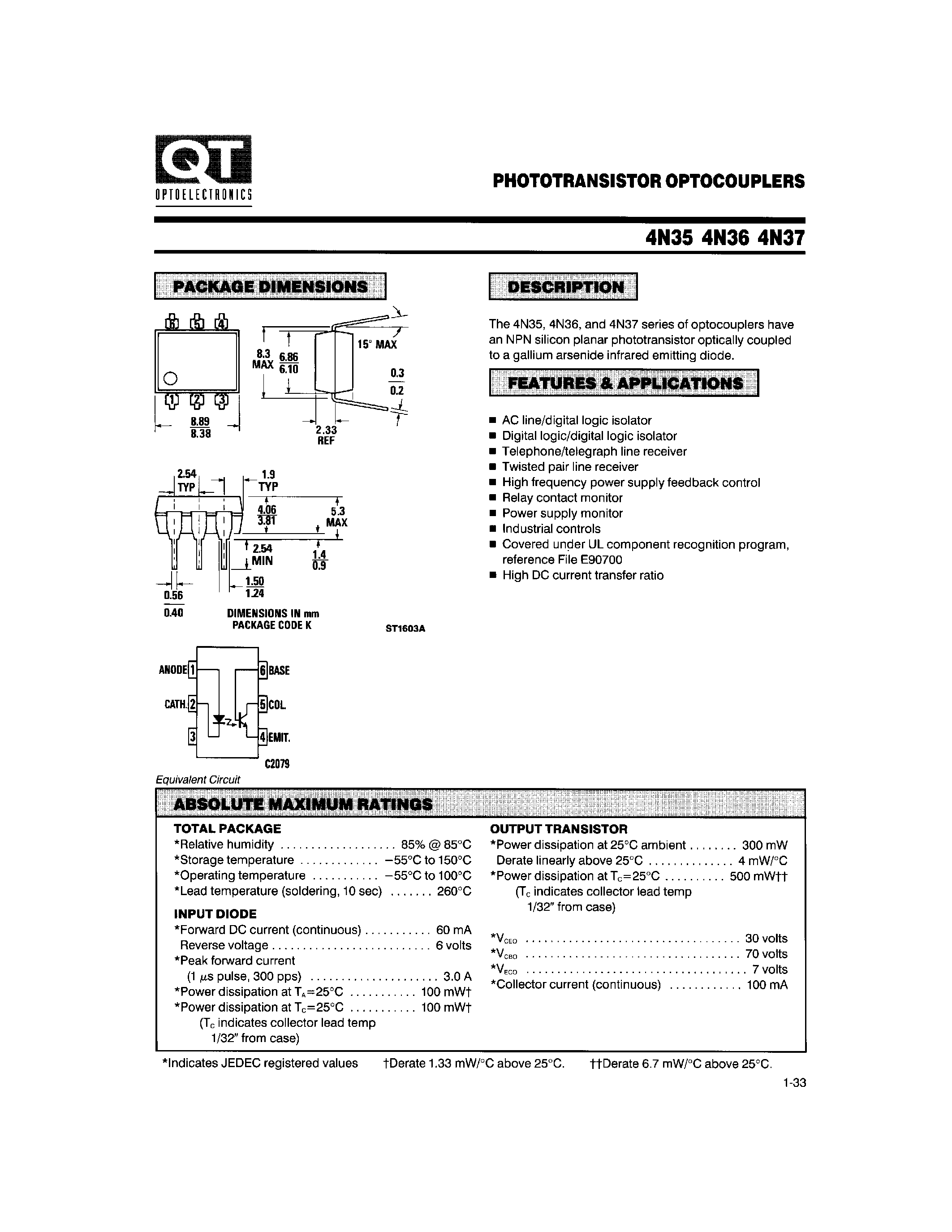 Даташит на микросхему 4N36 страница 1 Даташит 4N36 - PHOTOTRANSISTOR OPTOCOULERS страница 1