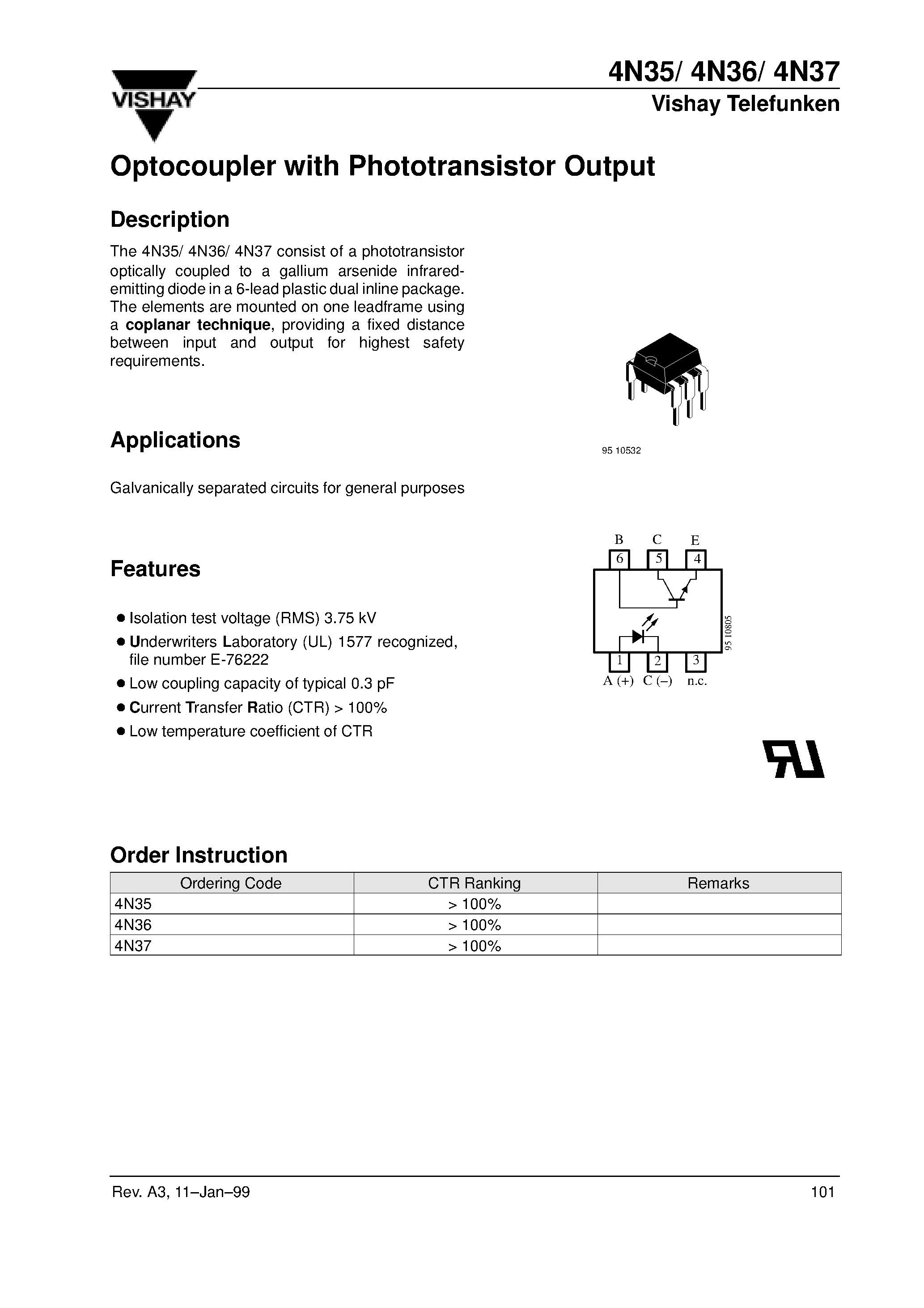 Даташит 4N37 - Optocoupler with Phototransistor Output страница 1