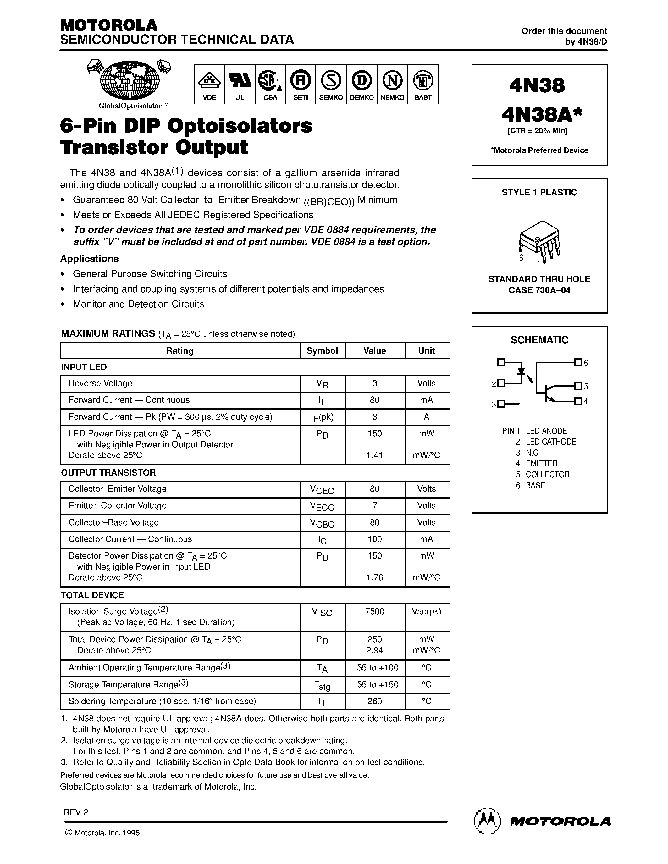Даташит на микросхему 4N38 страница 1 Даташит 4N38 - STANDARD THRU HOLE CASE 730A-04 страница 1