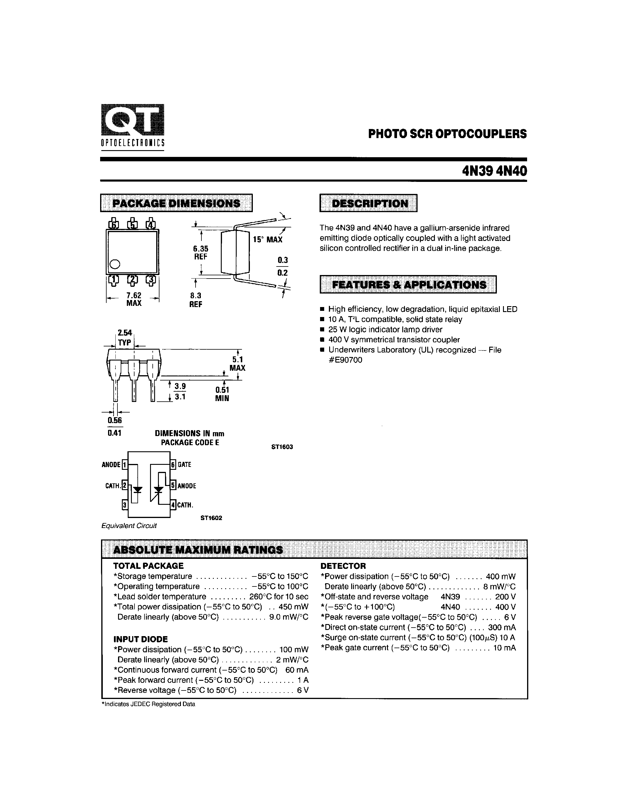 Даташит на микросхему 4N39 страница 1 Даташит 4N39 - PHOTO SCR OPTOCOUPLERS страница 1