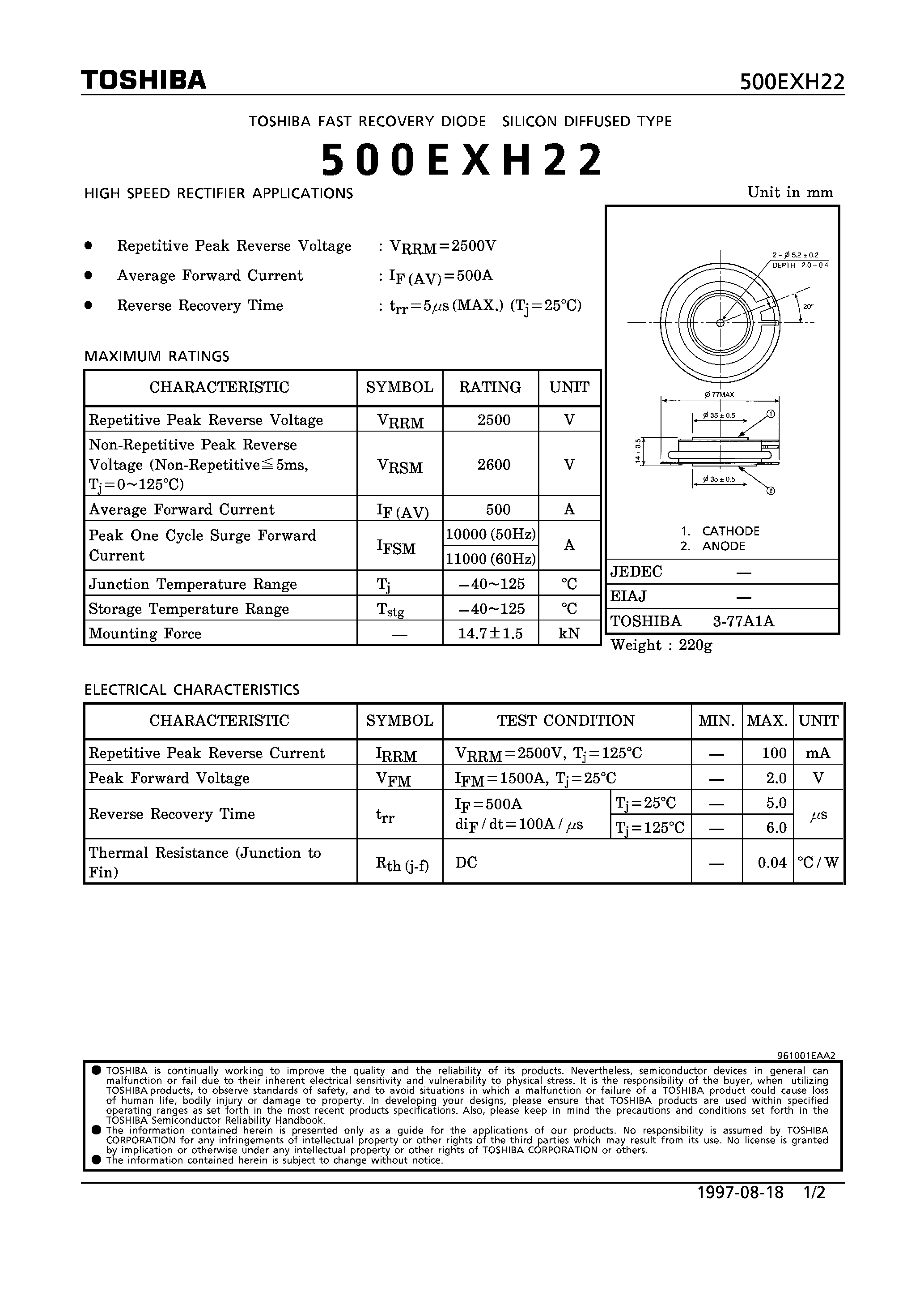 Datasheet 500EXH22 page 1 Datasheet 500EXH22 - FAST RECOVERY DIODE (HIGH SPEED RECTIFIER APPLICATIONS) page 1