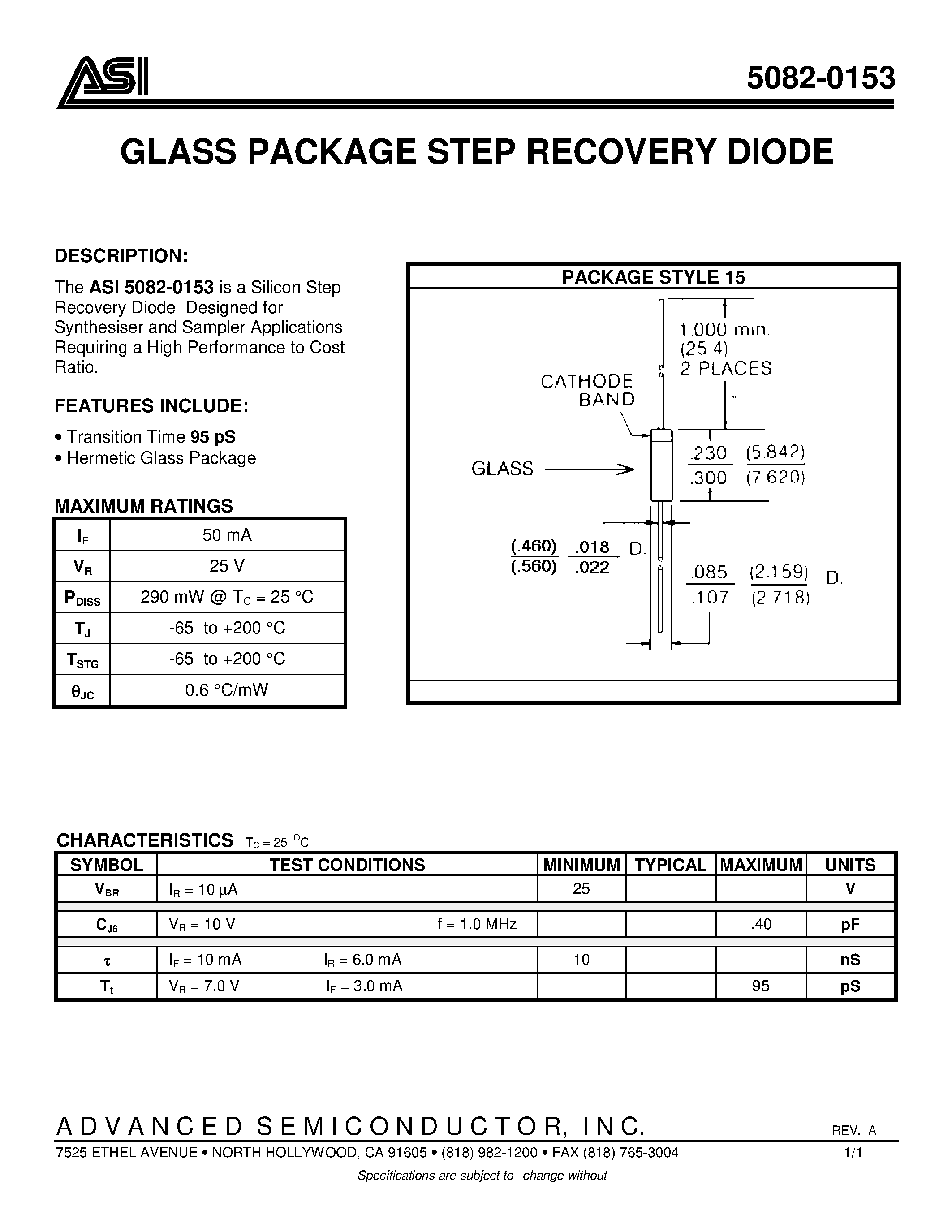 Даташит 5082-0153 - GLASS PACKAGE STEP RECOVERY DIODE страница 1