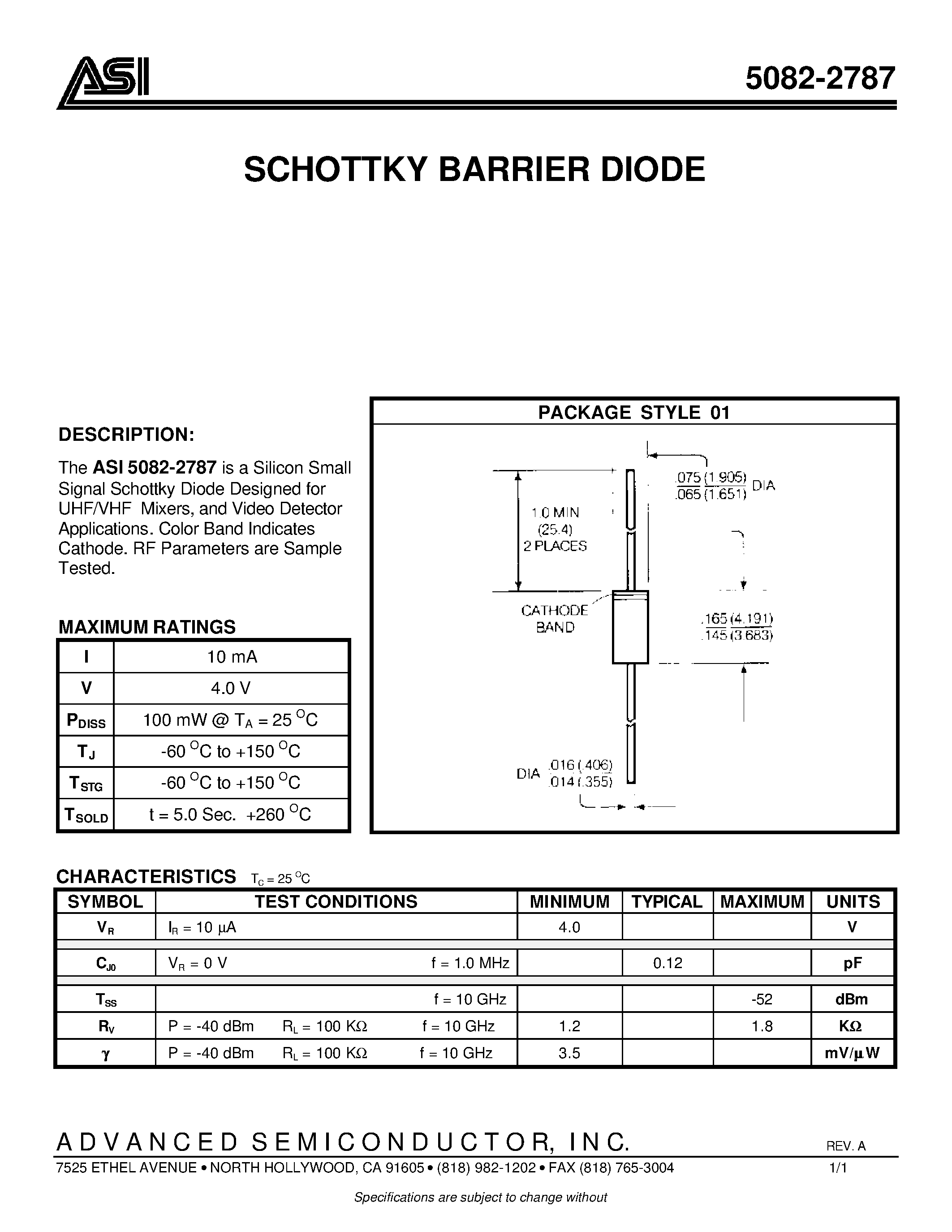 Datasheet 5082-2787 page 1 Datasheet 5082-2787 - SCHOTTKY BARRIER DIODE page 1