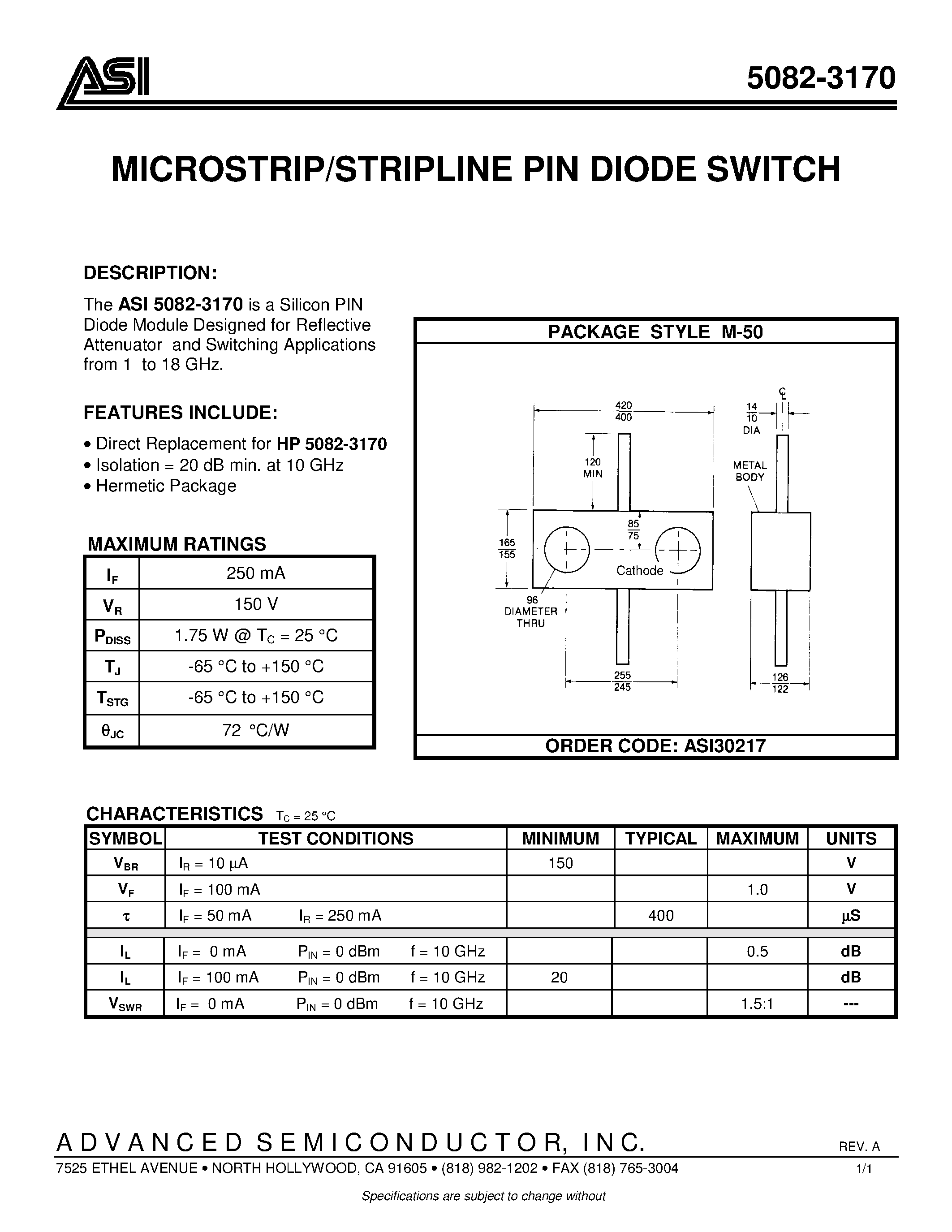 Datasheet 5082-3170 - MICROSTRIP/STRIPLINE PIN DIODE SWITCH page 1