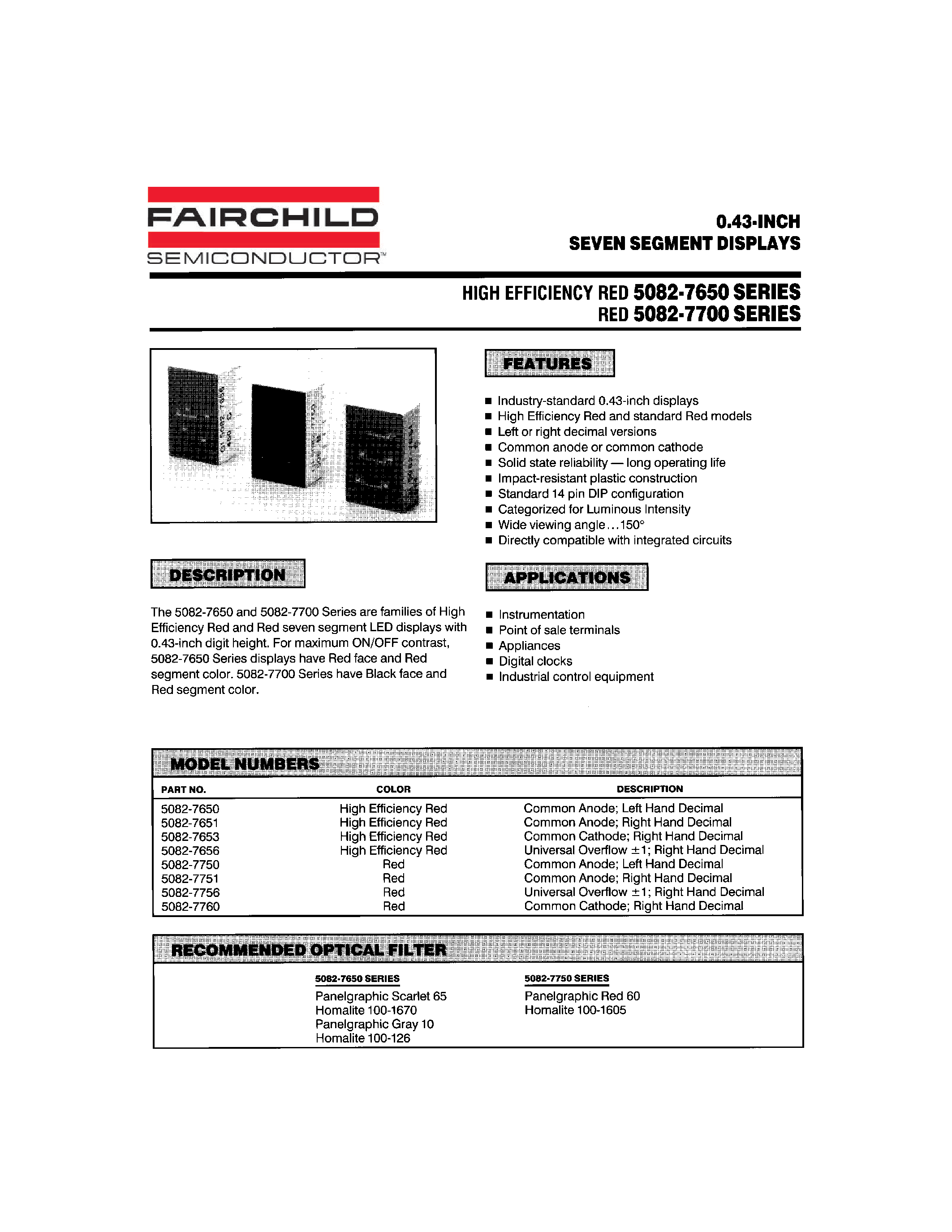 Datasheet 5082-7651 - 0.43-INCH SEVEN SEGMENT DISPLAYS page 1