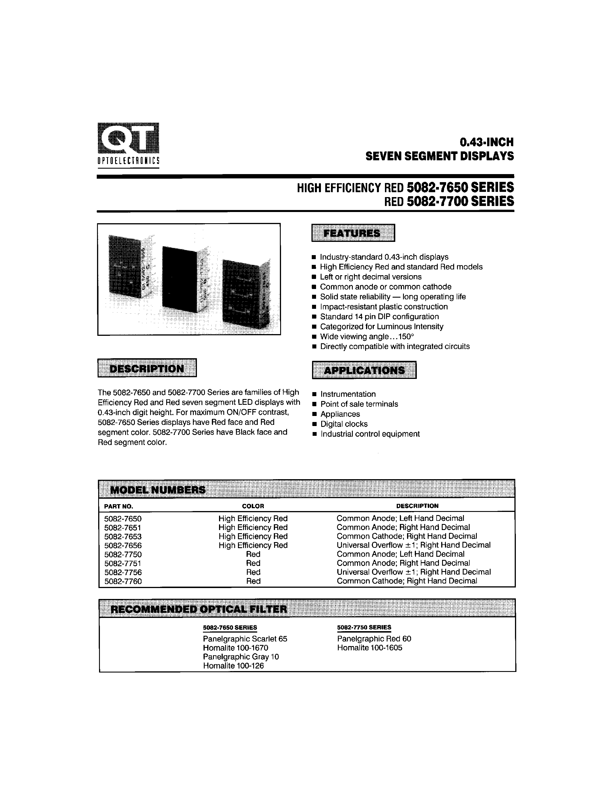 Datasheet 5082-7656 page 1 Datasheet 5082-7656 - 0.43-INCH SEVEN SEGMENT DISPLAYS page 1