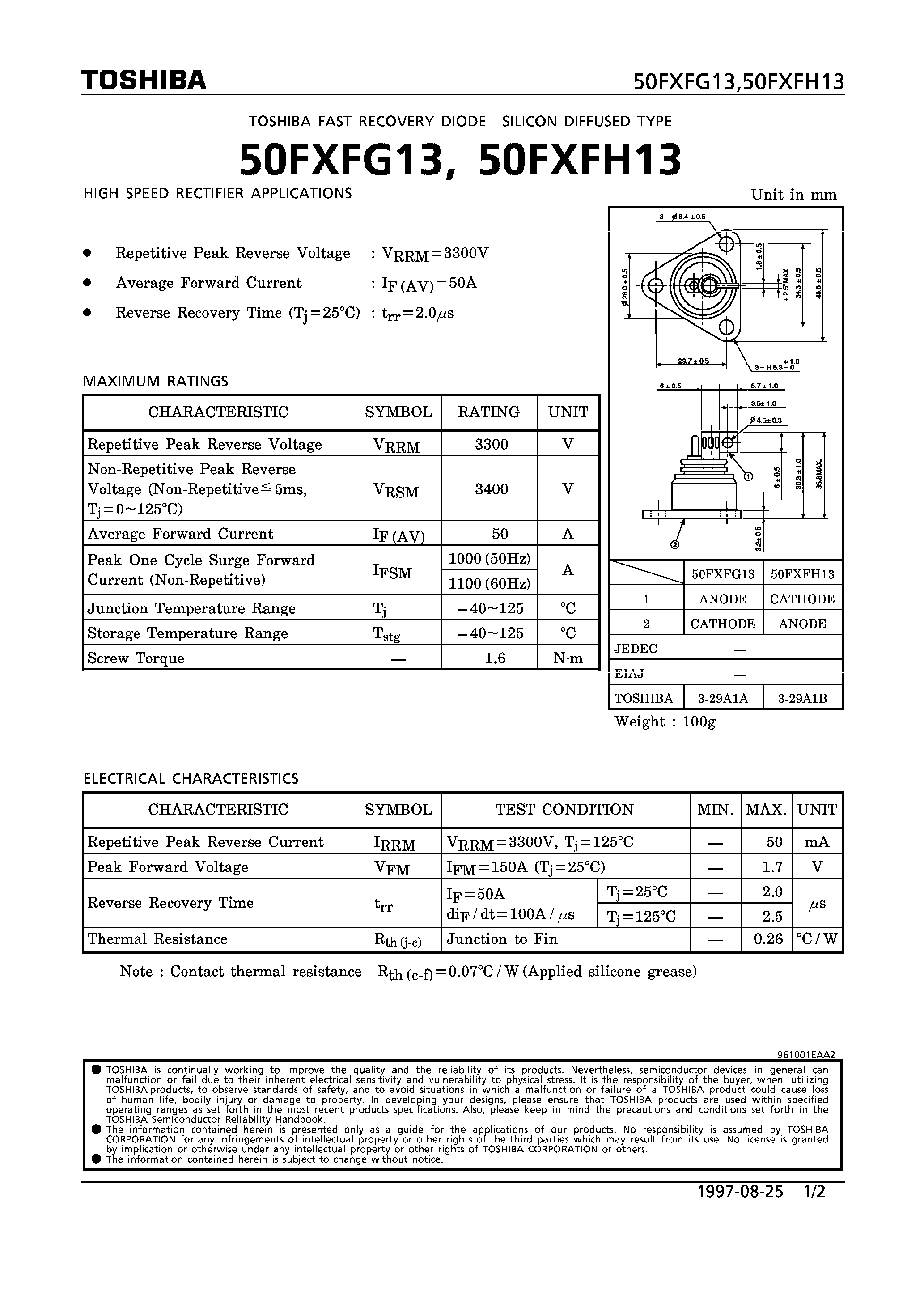 Datasheet 50FXFG13 page 1 Datasheet 50FXFG13 - FAST RECOVERY DIODE (HIGH SPEED RECTIFIER APPLICATIONS) page 1