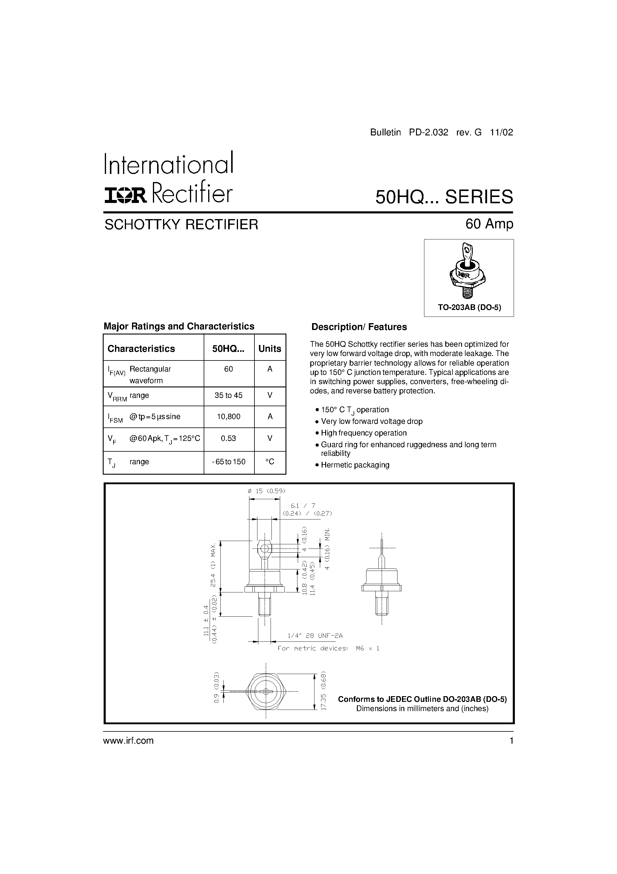 Datasheet 50HQ040 - SCHOTTKY RECTIFIER page 1