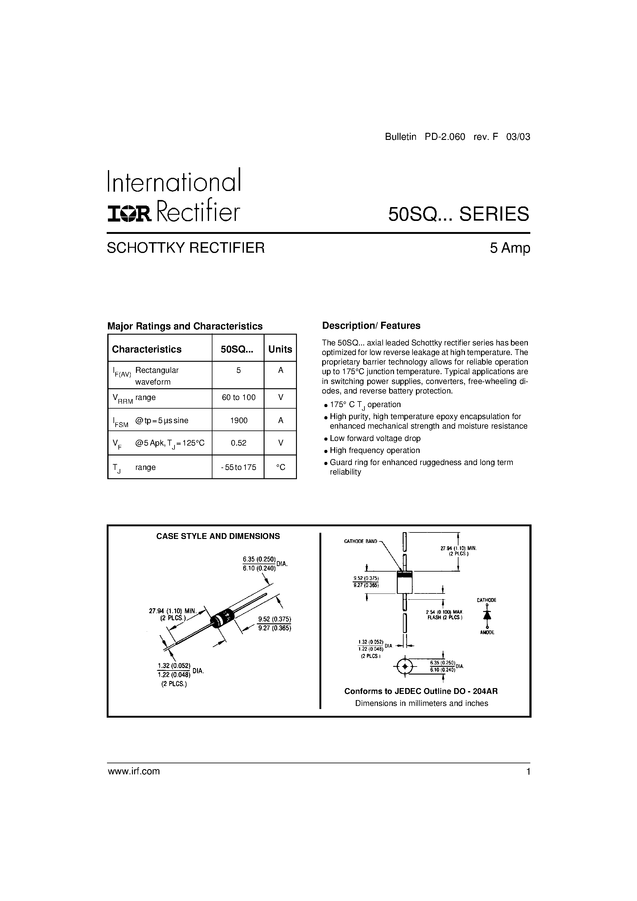 Datasheet 50SQ100 - SCHOTTKY RECTIFIER page 1