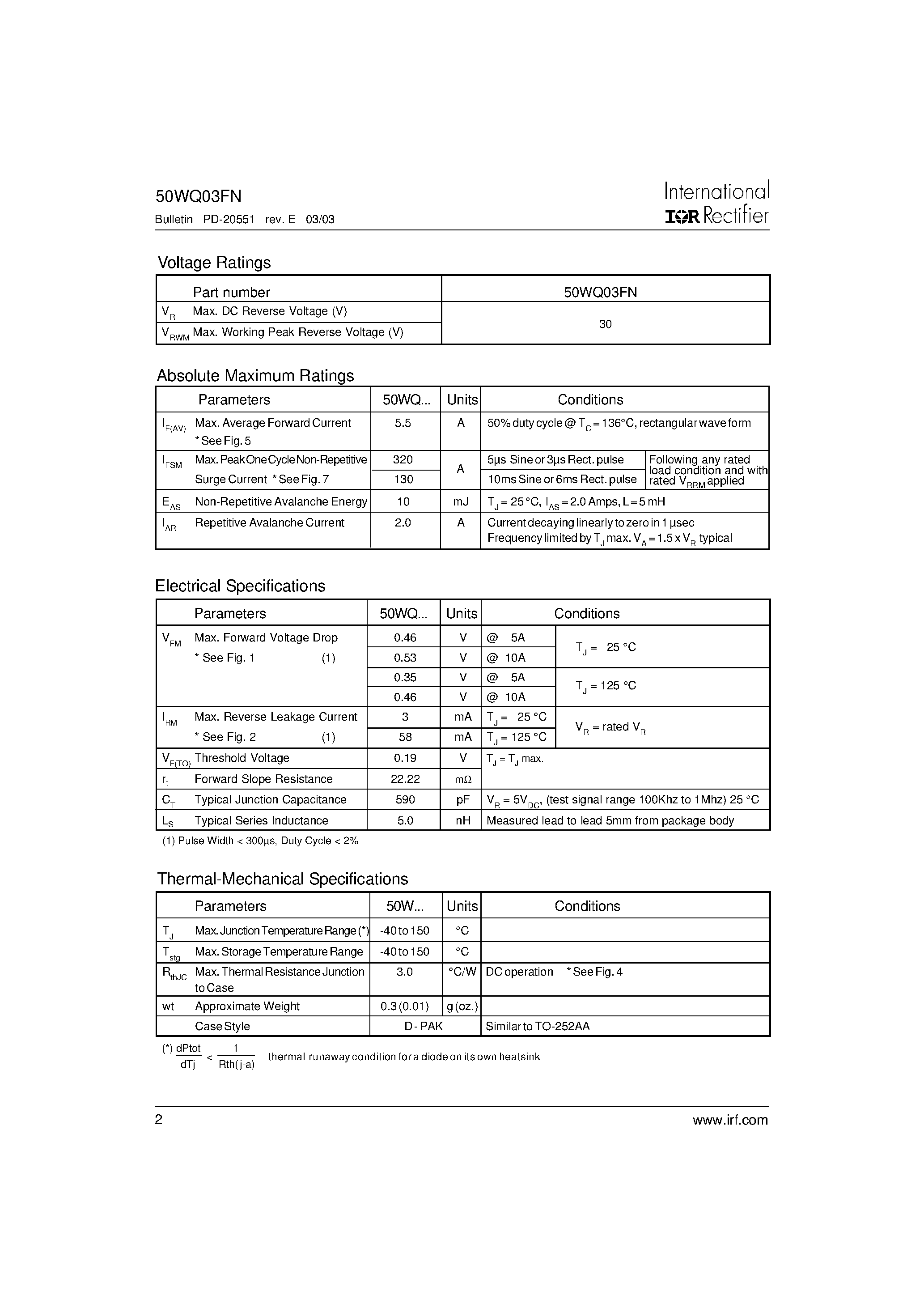 Datasheet 50WQ03FN page 2 Datasheet 50WQ03FN - SCHOTTKY RECTIFIER page 2
