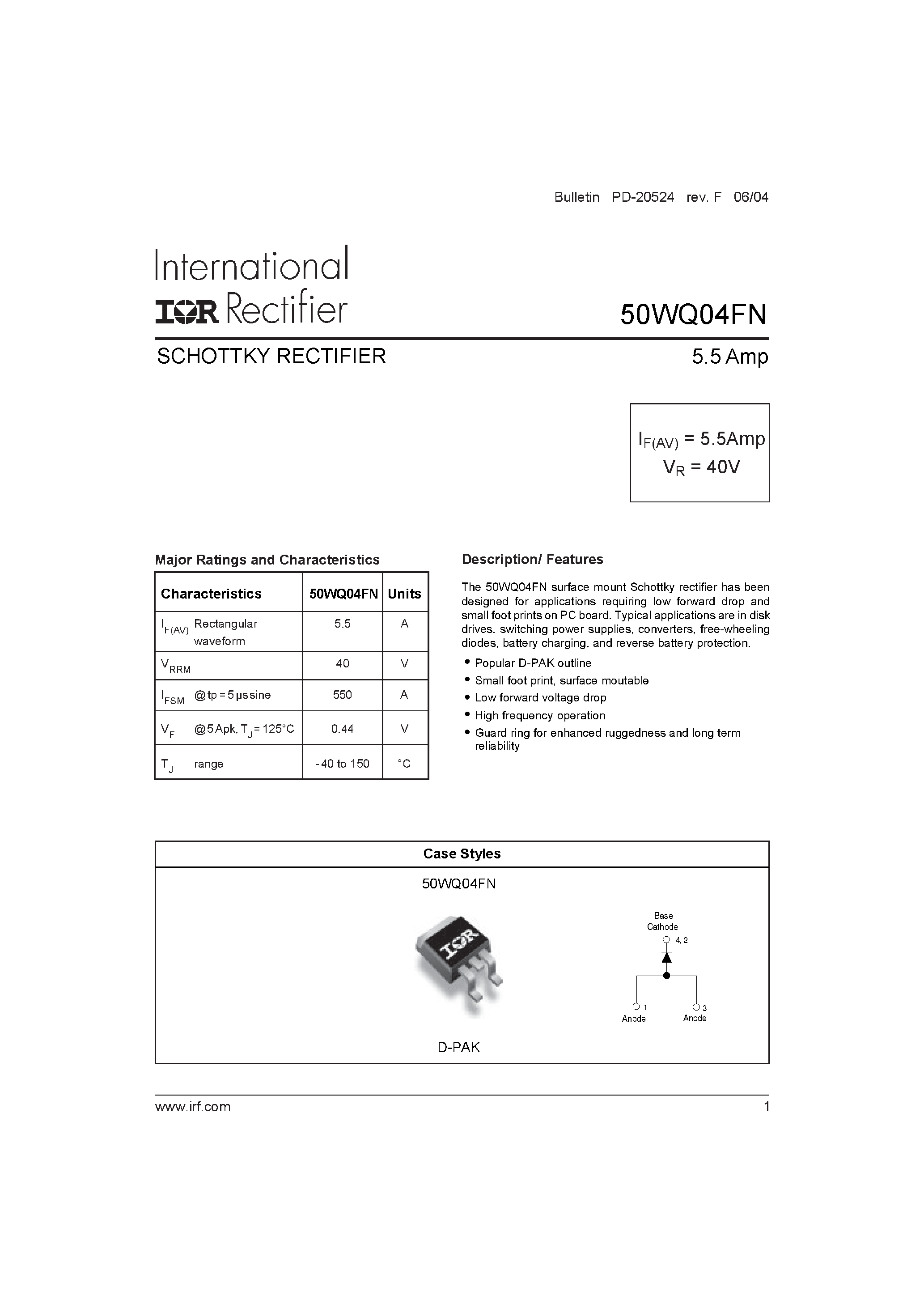 Datasheet 50WQ04FN page 1 Datasheet 50WQ04FN - SCHOTTKY RECTIFIER page 1