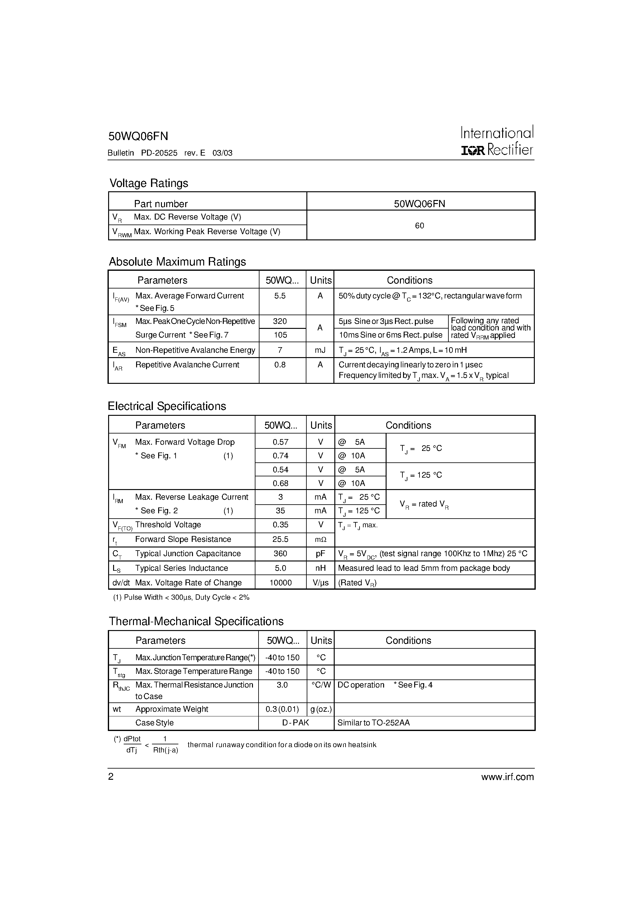 Datasheet 50WQ06FN page 2 Datasheet 50WQ06FN - SCHOTTKY RECTIFIER page 2