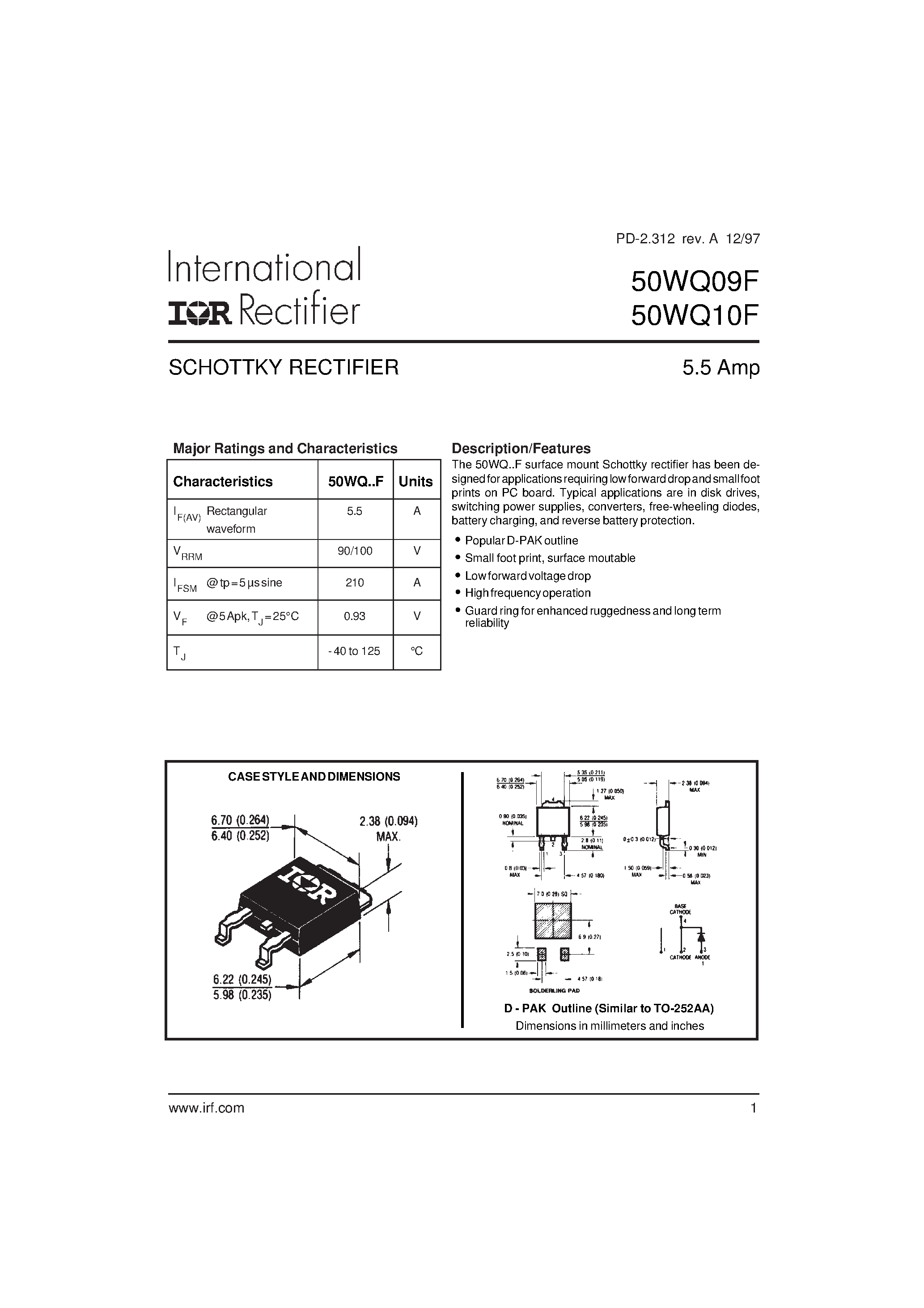Datasheet 50WQ09F - SCHOTTKY RECTIFIER page 1