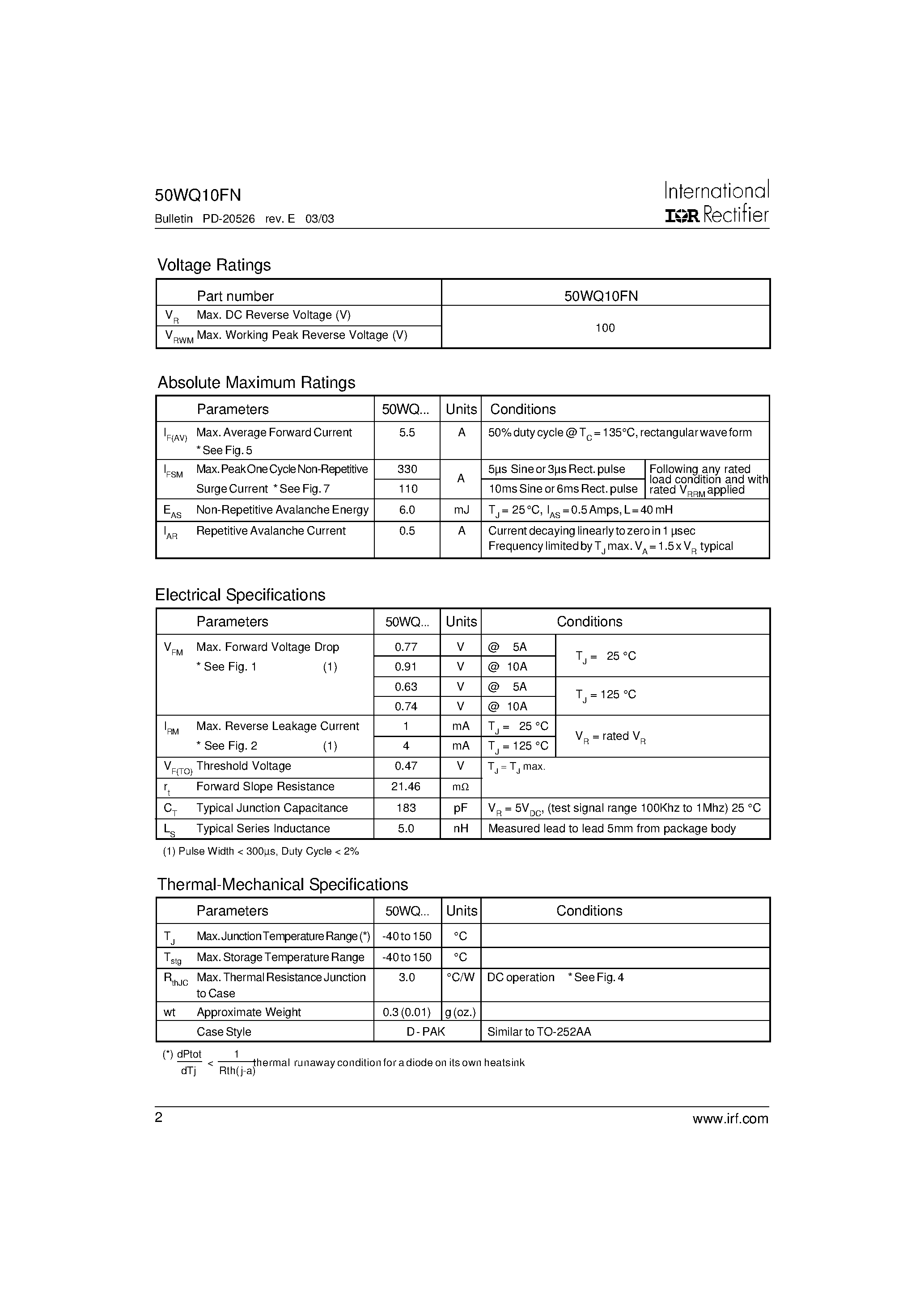 Datasheet 50WQ10FN page 2 Datasheet 50WQ10FN - SCHOTTKY RECTIFIER page 2