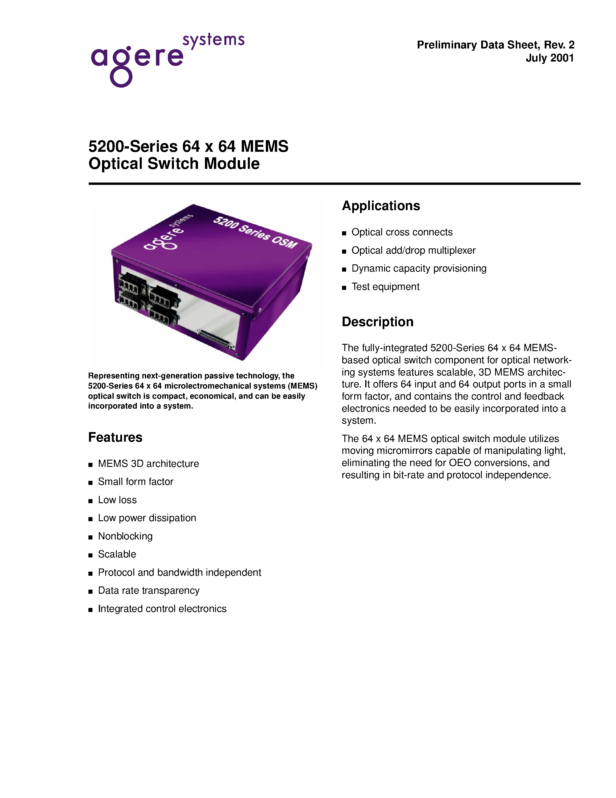 Datasheet 5200 - 5200-Series 64 x 64 MEMS Optical Switch Module page 1
