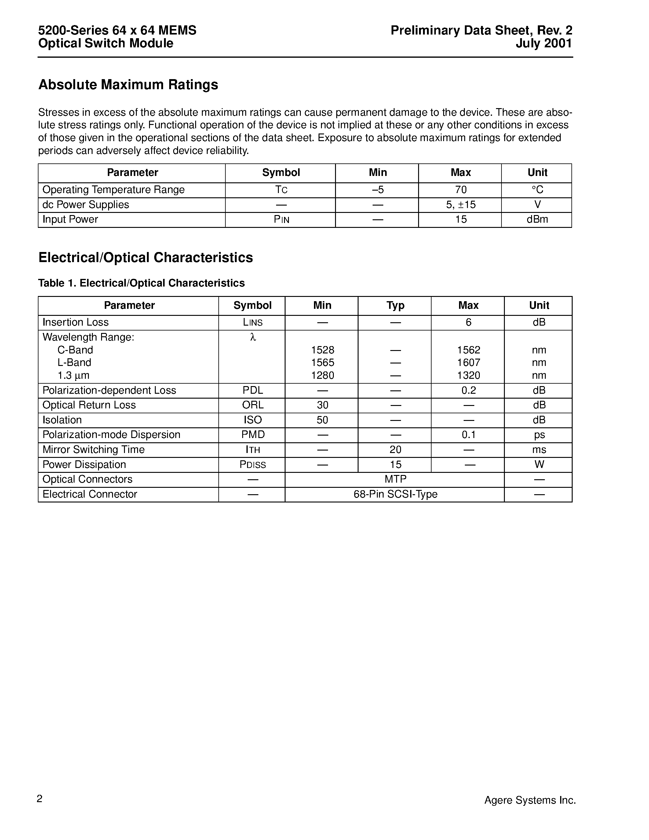 Datasheet 5200 - 5200-Series 64 x 64 MEMS Optical Switch Module page 2