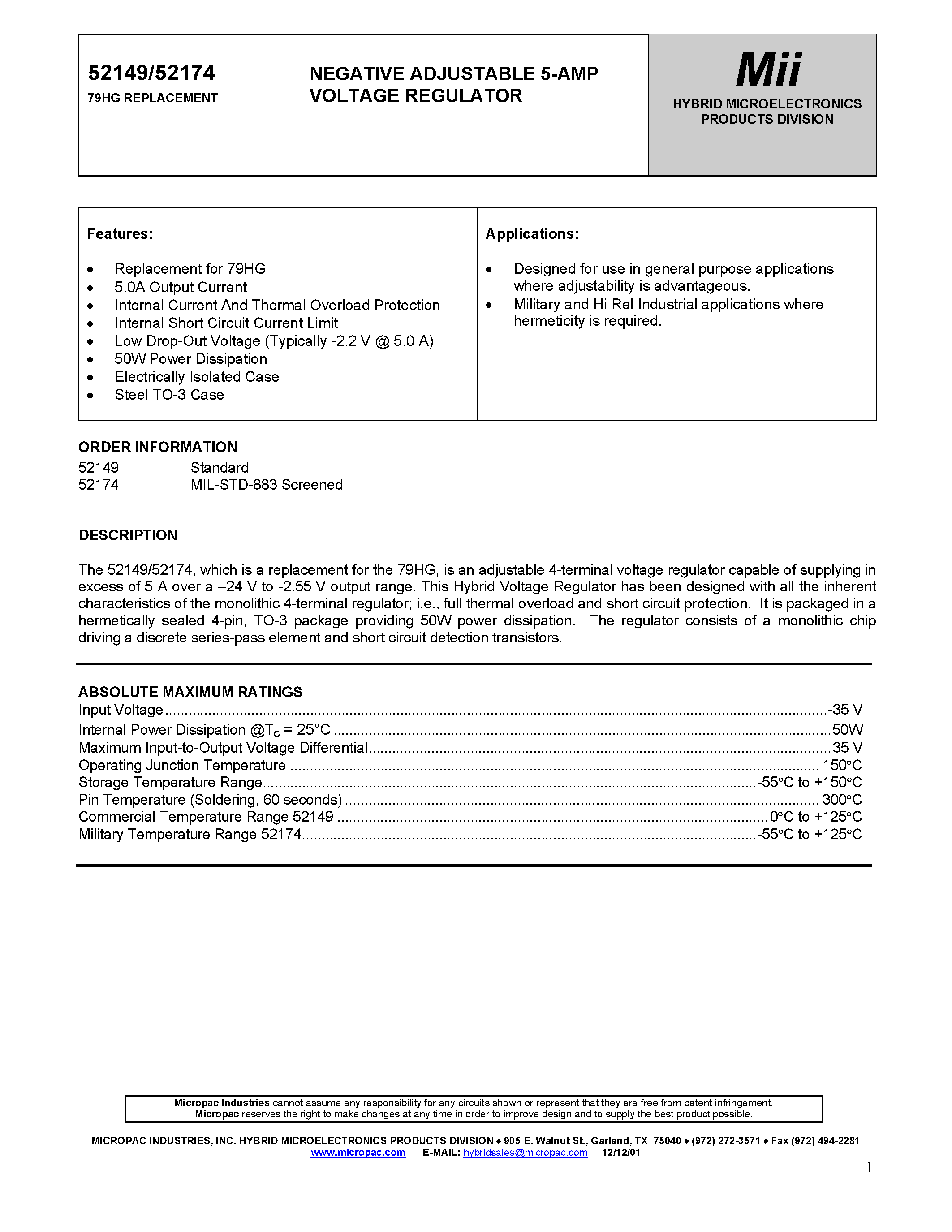 Datasheet 52149 - NEGATIVE ADJUSTABLE 5-AMP VOLTAGE REGULATOR page 1