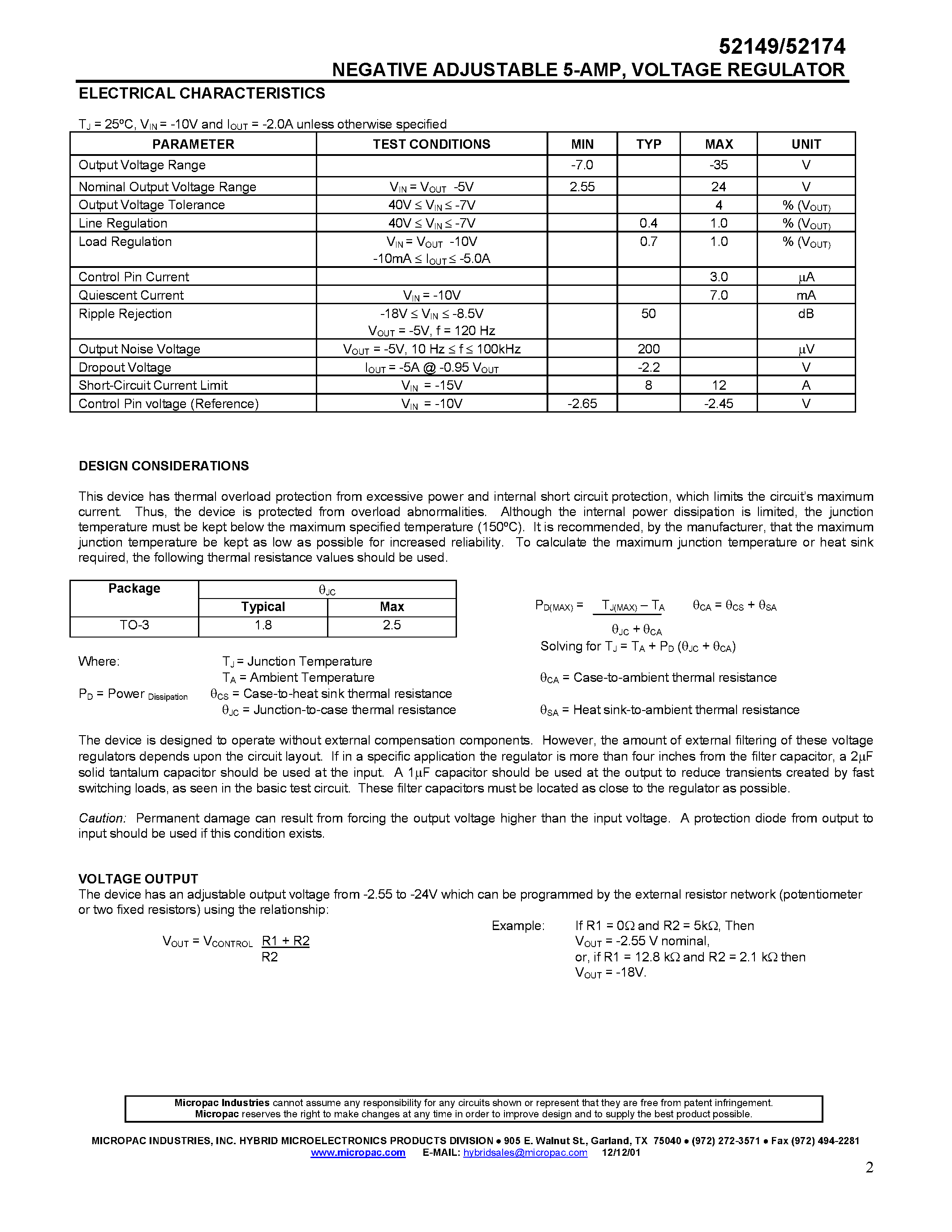 Datasheet 52149 - NEGATIVE ADJUSTABLE 5-AMP VOLTAGE REGULATOR page 2