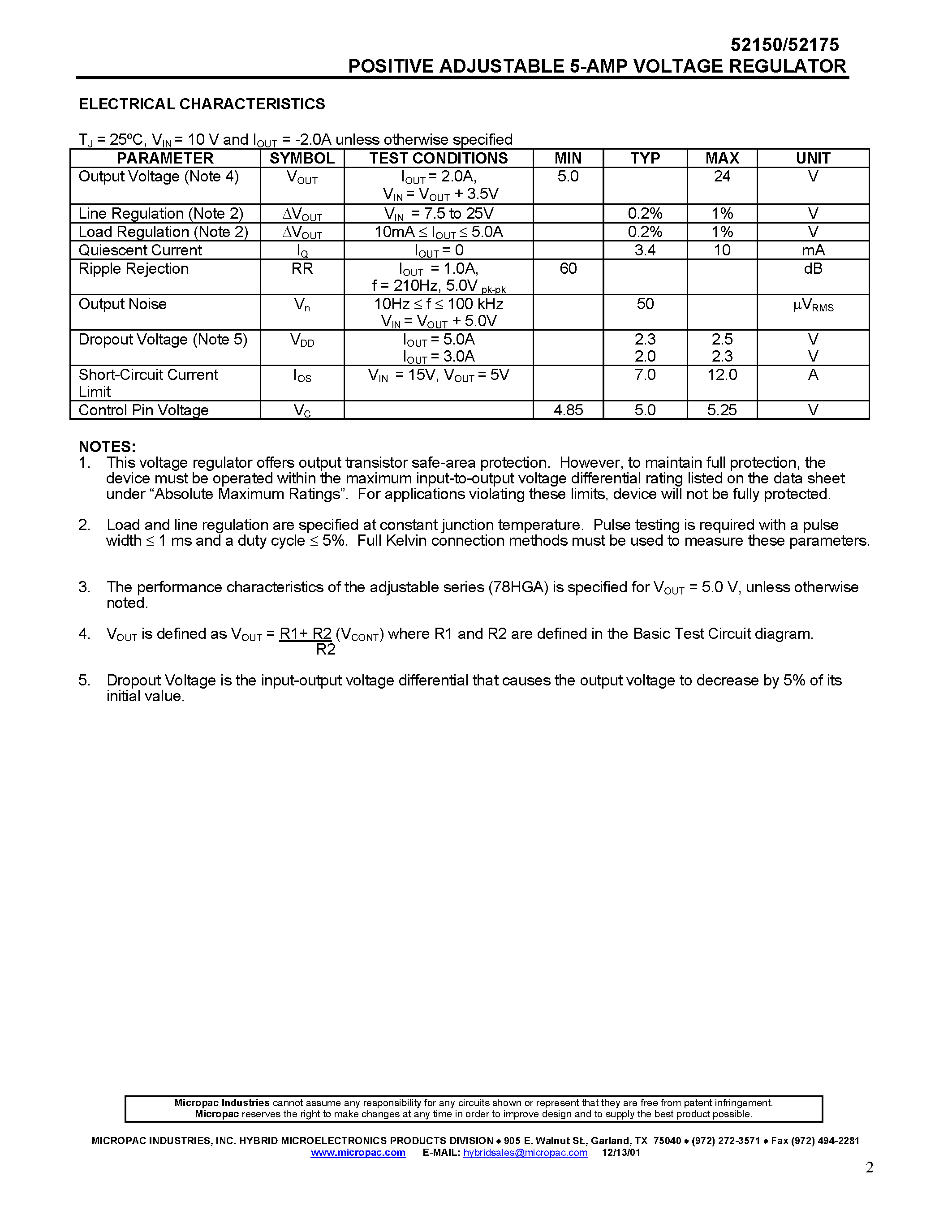 Datasheet 52150 - POSITIVE ADJUSTABLE 5-AMP VOLTAGE REGULATOR page 2