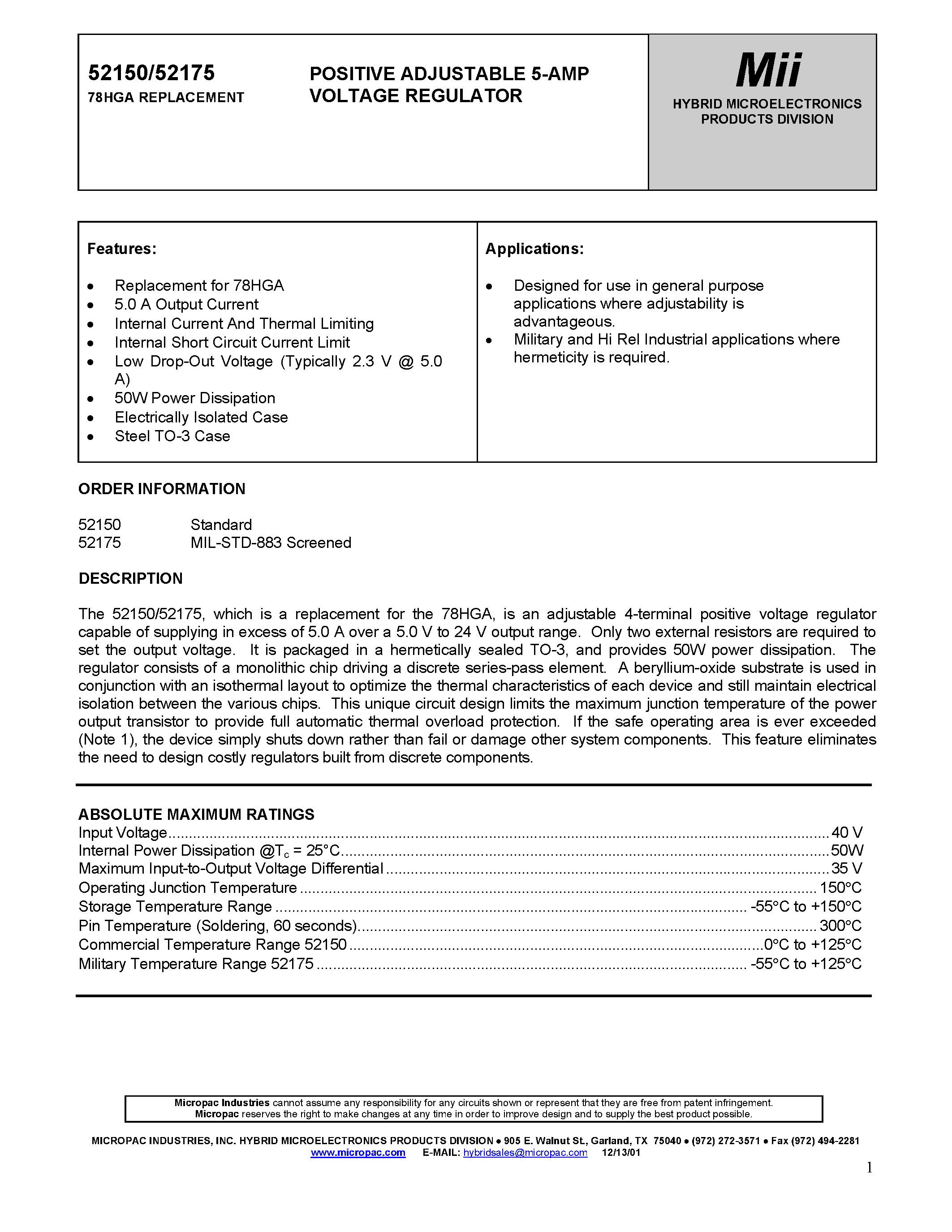 Datasheet 52175 - POSITIVE ADJUSTABLE 5-AMP VOLTAGE REGULATOR page 1