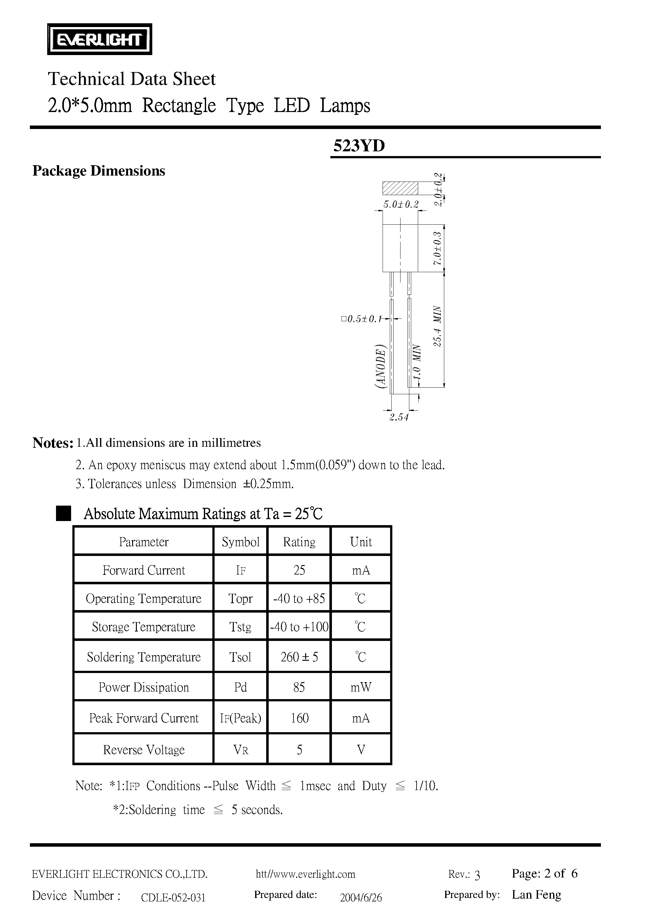 Datasheet 523YD - 2.0*5.0 MM RECTANGLE TYPE LED LAMPS page 2