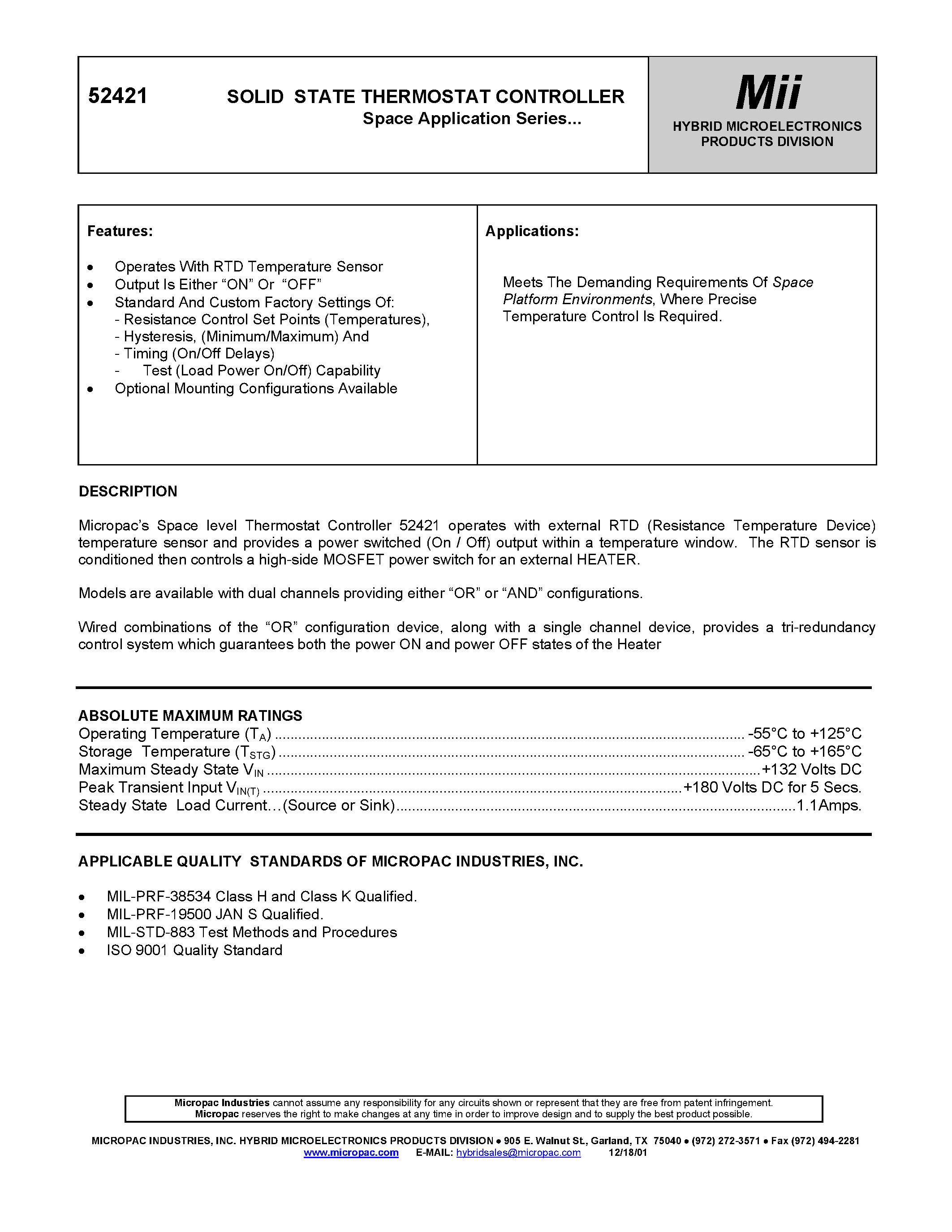 Datasheet 52421 page 1 Datasheet 52421 - SOLID STATE THERMOSTAT CONTROLLER page 1