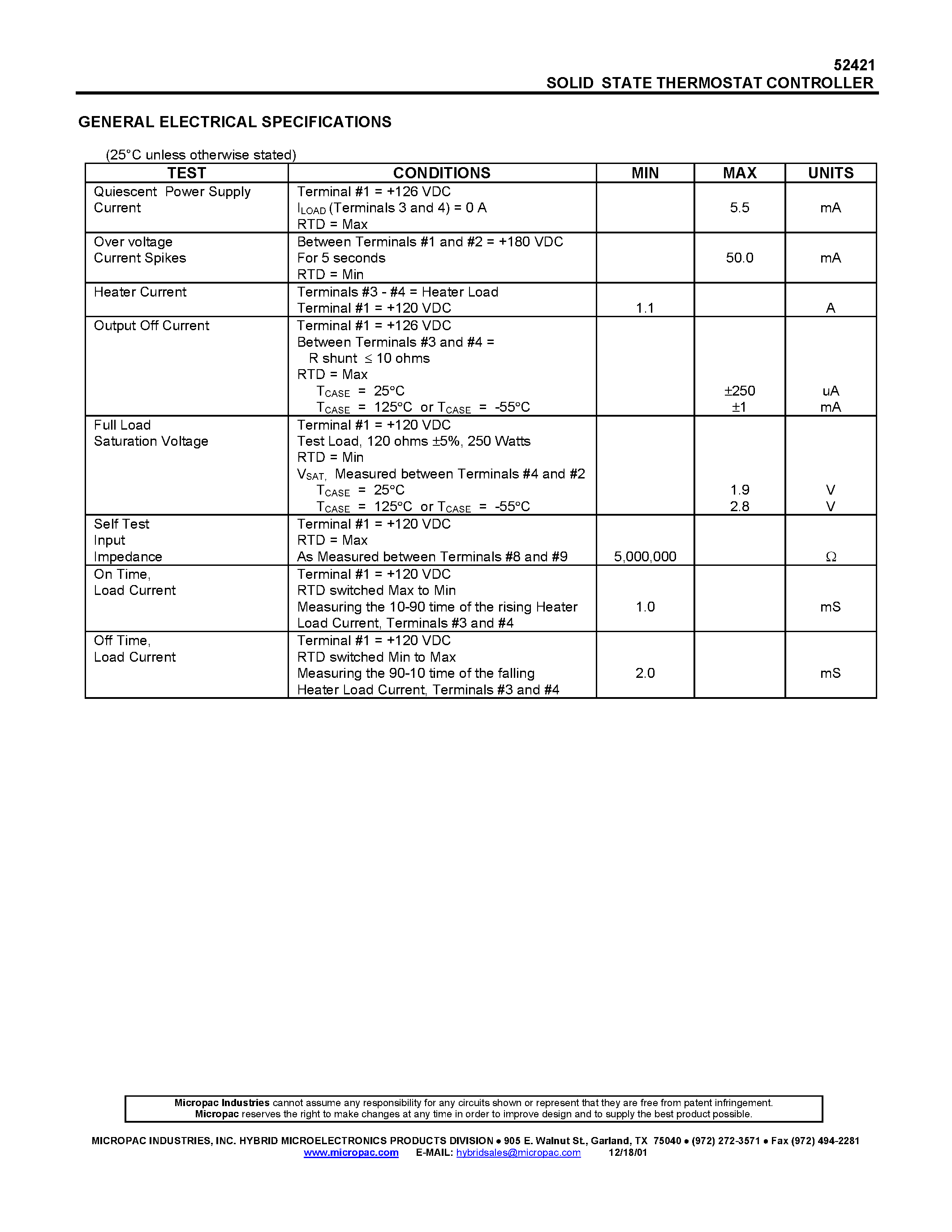 Datasheet 52421 page 2 Datasheet 52421 - SOLID STATE THERMOSTAT CONTROLLER page 2