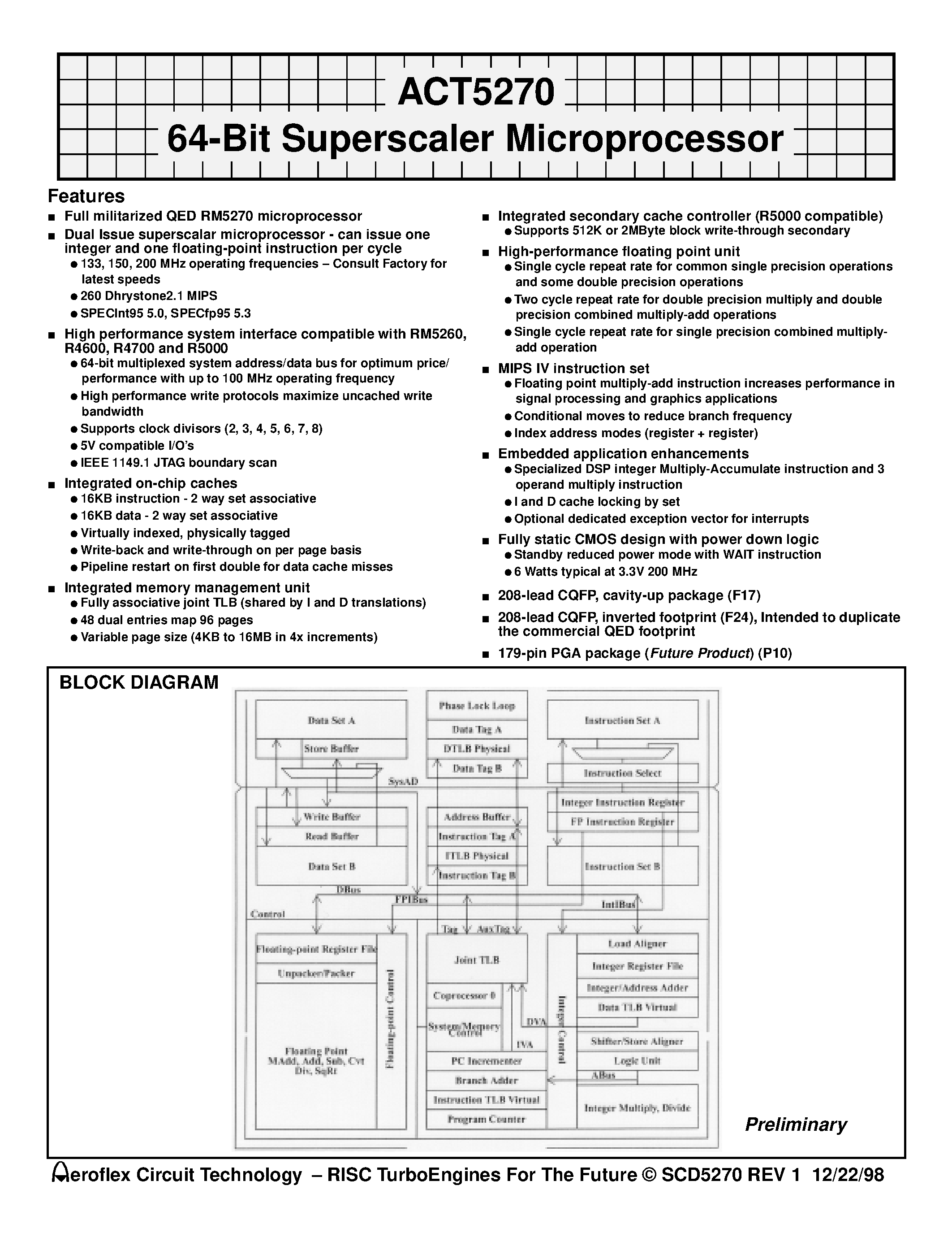 Даташит 5270 - ACT5270 64-Bit Superscaler Microprocessor страница 1