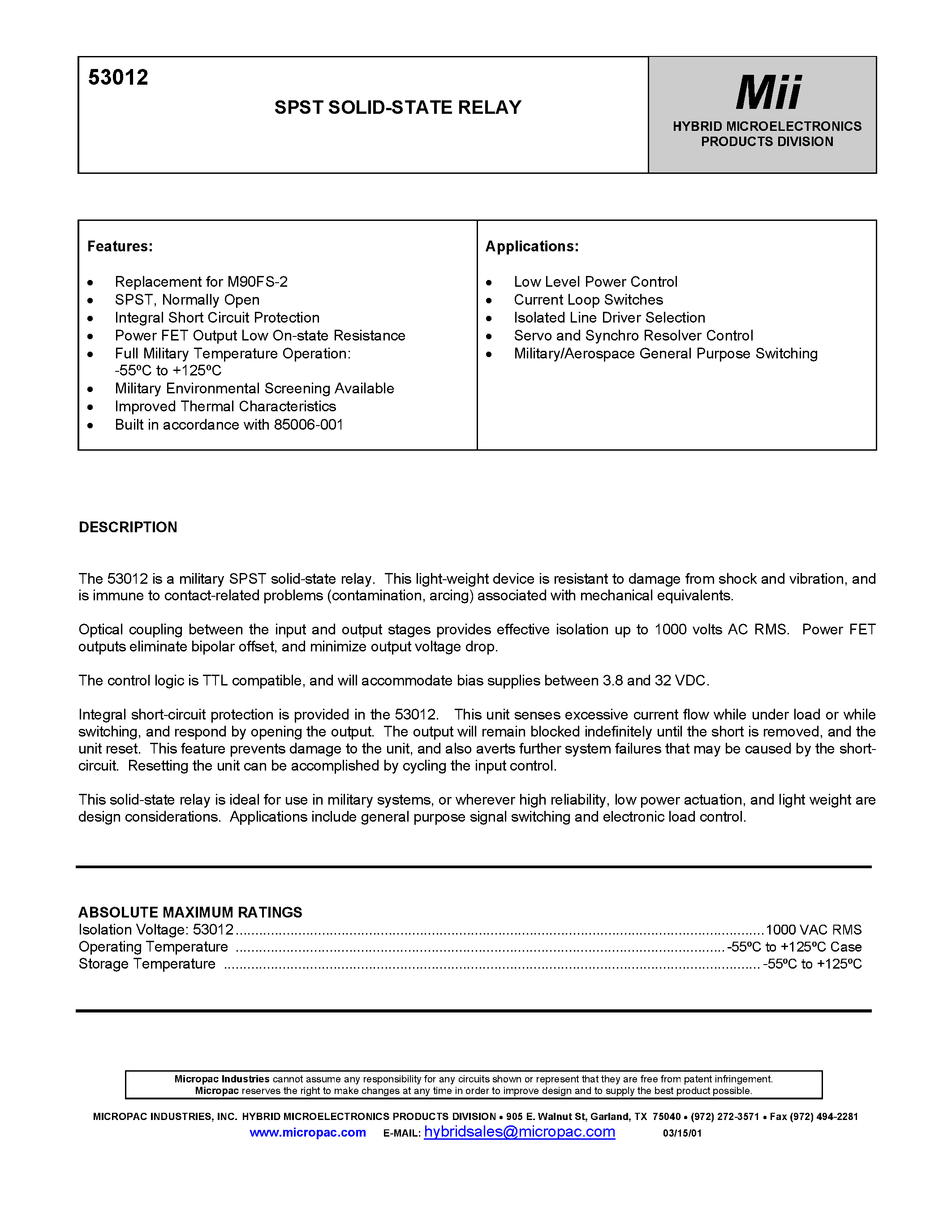 Datasheet 53012 page 1 Datasheet 53012 - SPST SOLID-STATE RELAY page 1