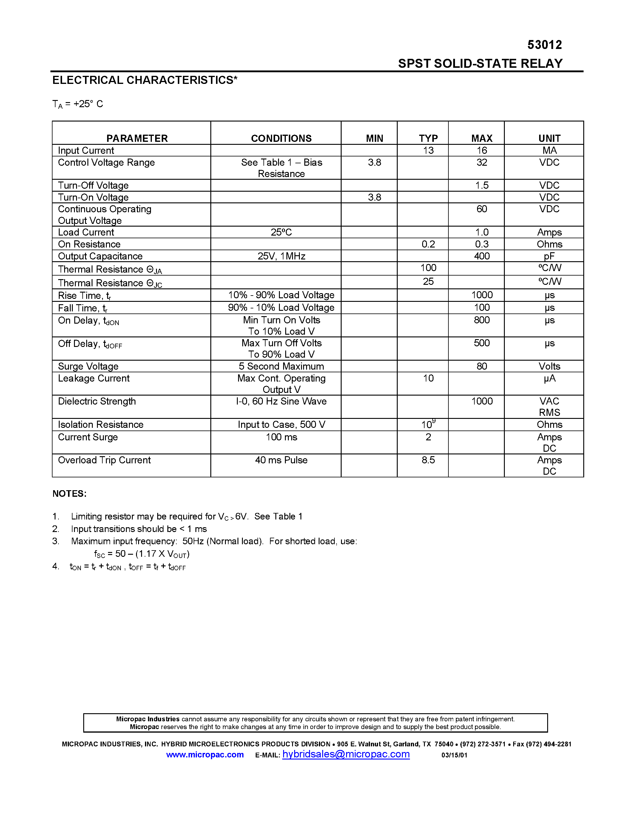Datasheet 53012 page 2 Datasheet 53012 - SPST SOLID-STATE RELAY page 2