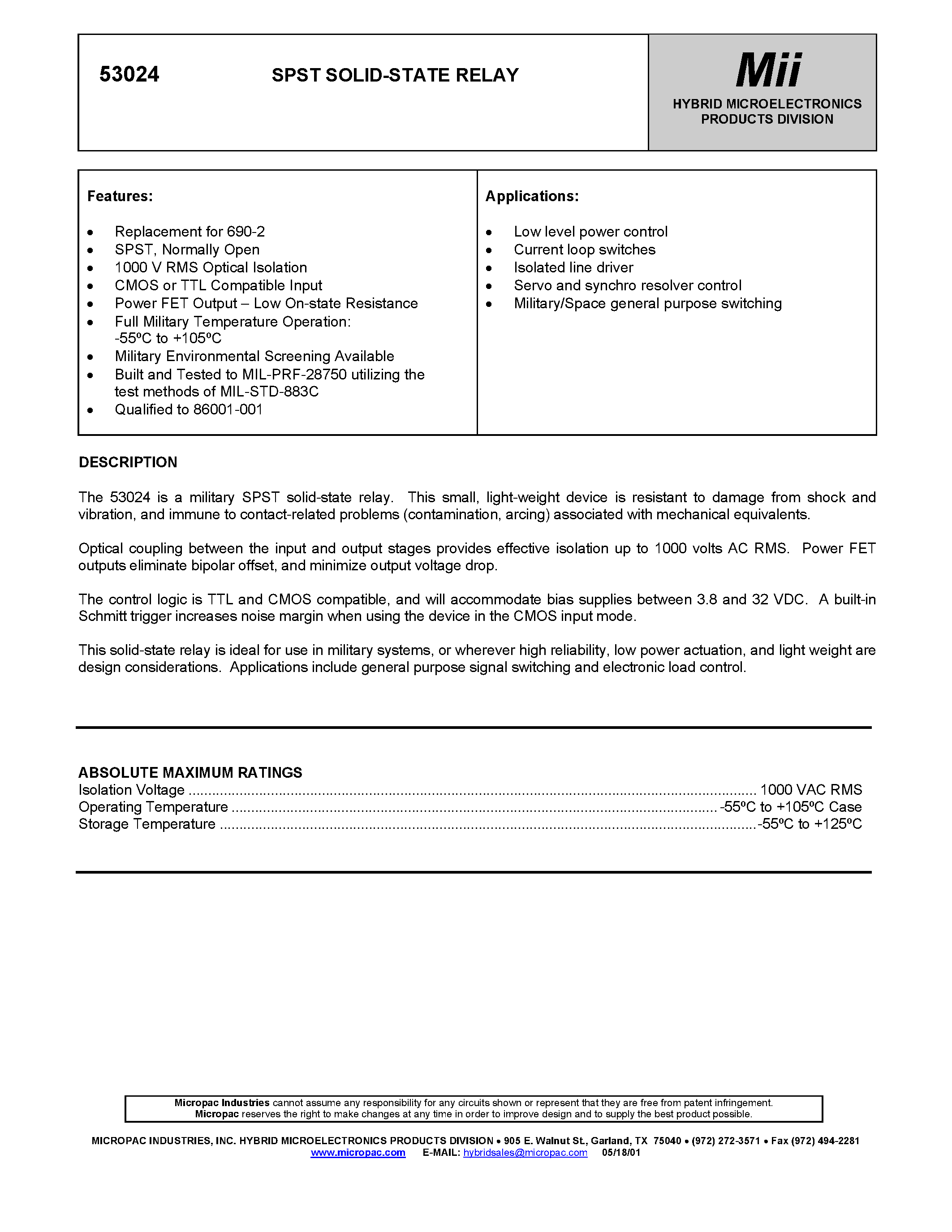 Datasheet 53024 page 1 Datasheet 53024 - SPST SOLID-STATE RELAY page 1