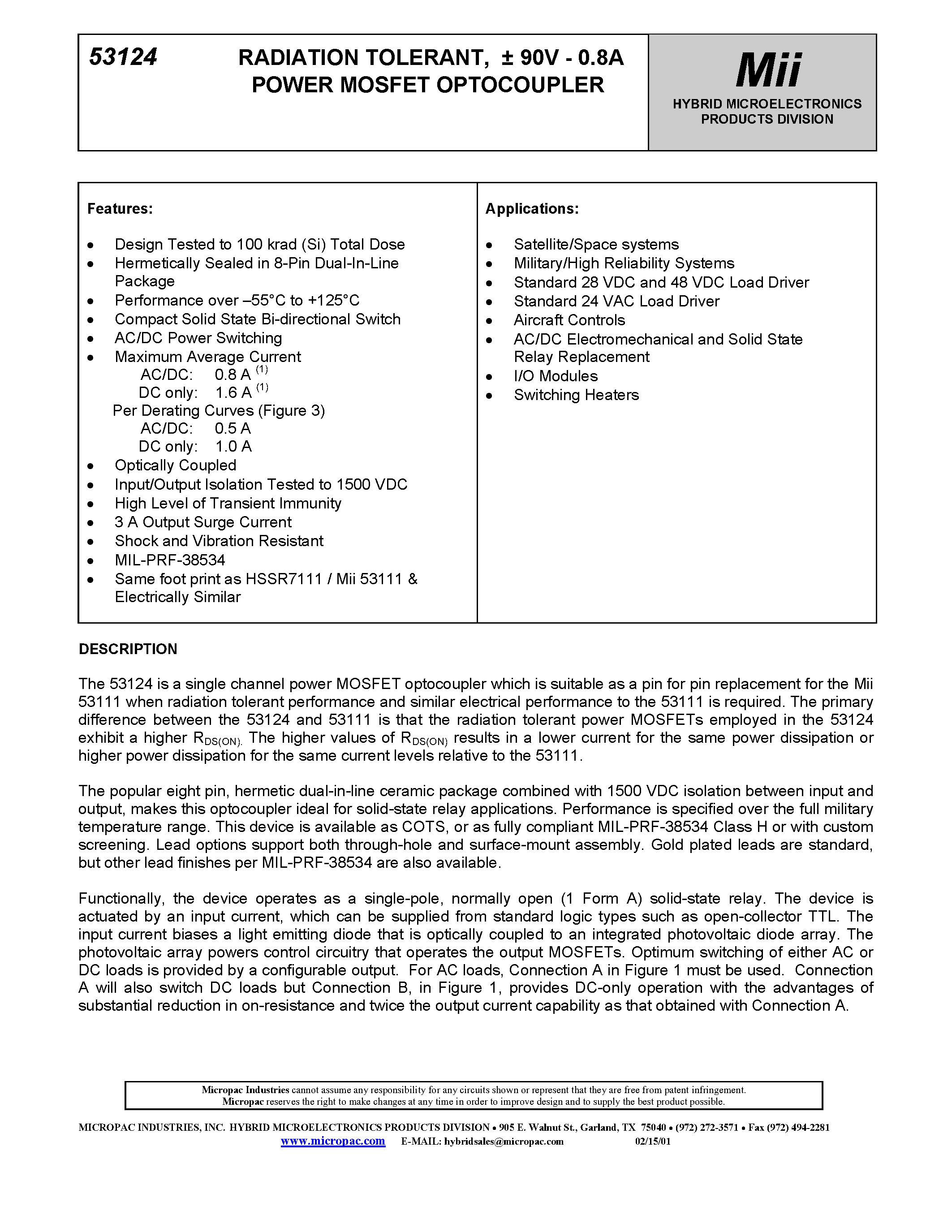 Datasheet 53124 - RADIATION TOLERANT/ 90V - 0.8A POWER MOSFET OPTOCOUPLER page 1