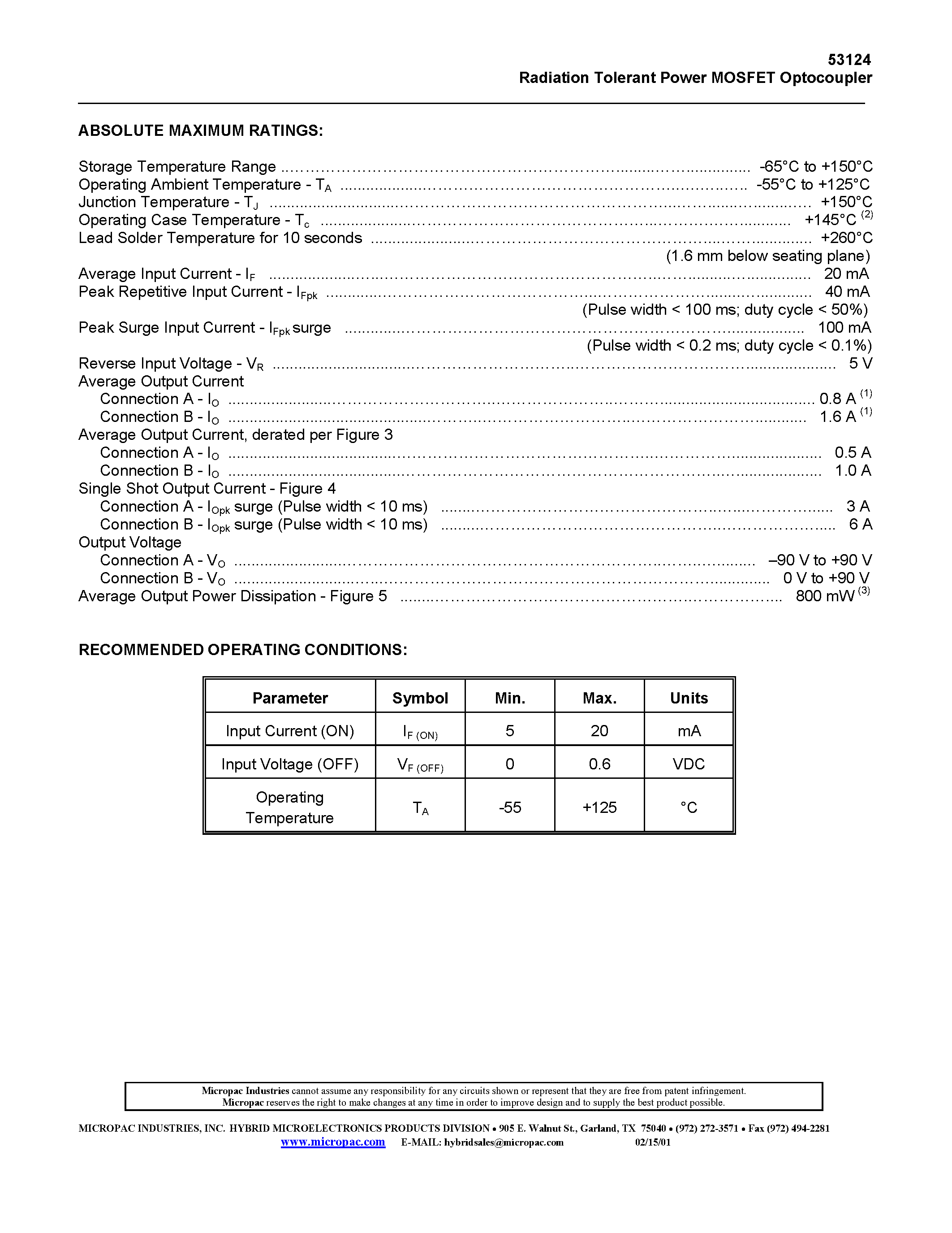Datasheet 53124 - RADIATION TOLERANT/ 90V - 0.8A POWER MOSFET OPTOCOUPLER page 2