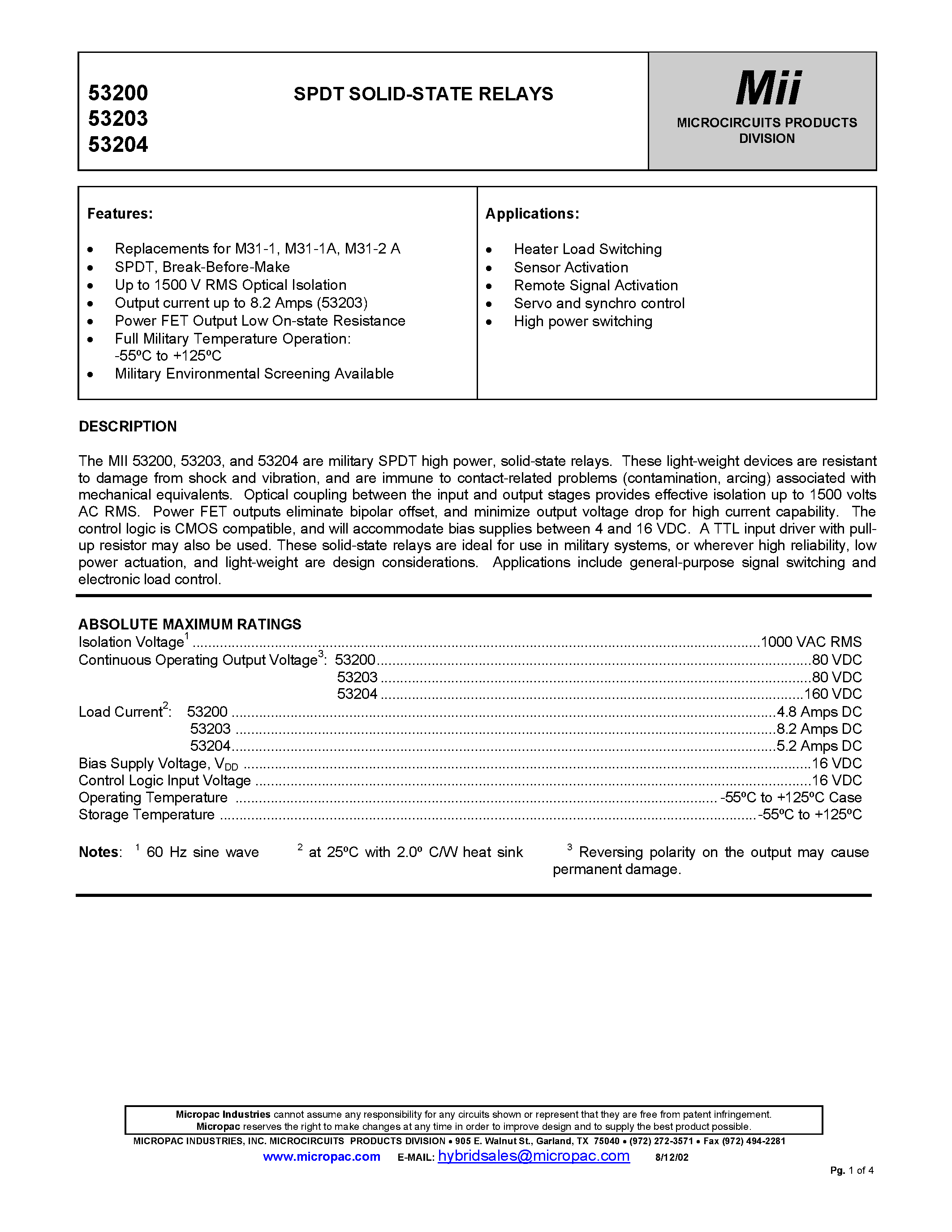 Datasheet 53204 - SPDT SOLID-STATE RELAYS page 1