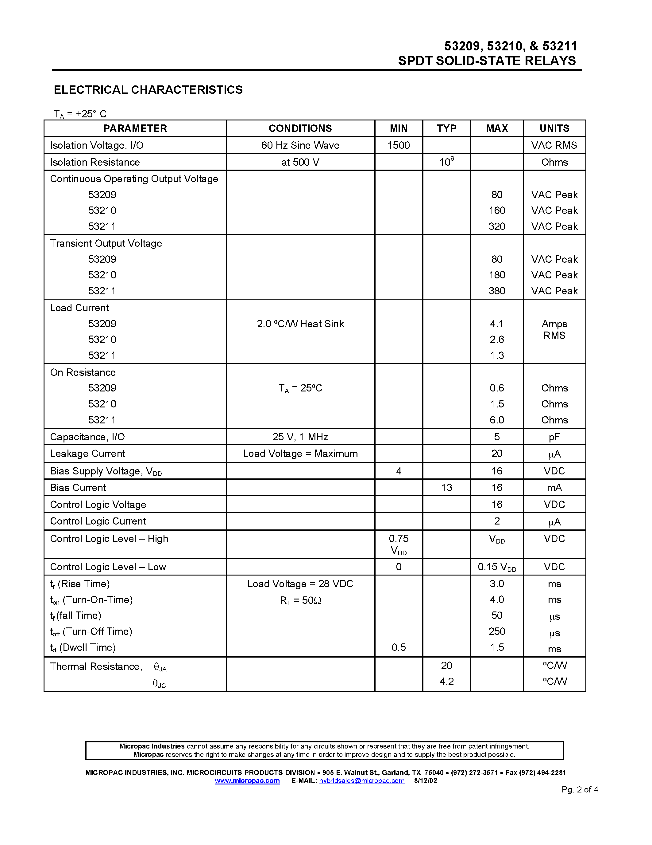 Datasheet 53209 page 2 Datasheet 53209 - SPDT SOLID-STATE RELAYS High Power AC/DC Switching page 2