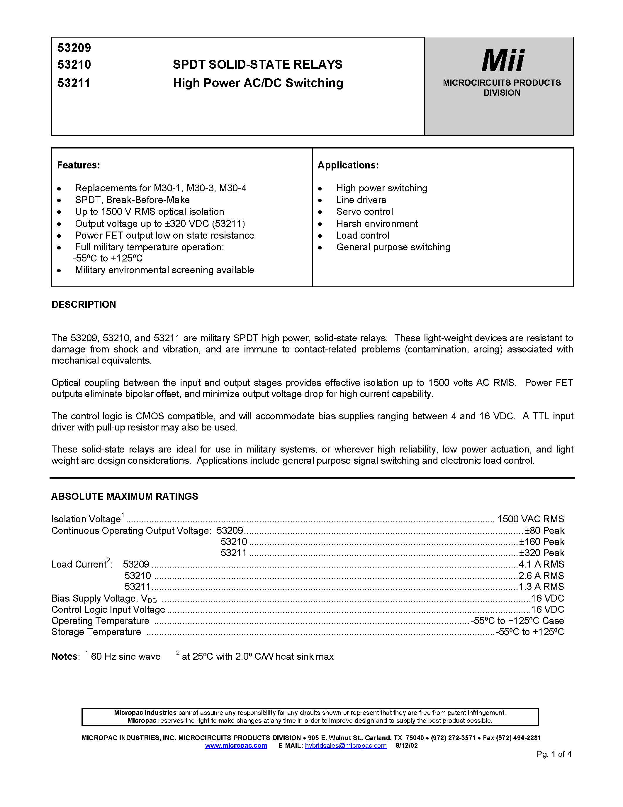 Datasheet 53211 - SPDT SOLID-STATE RELAYS High Power AC/DC Switching page 1