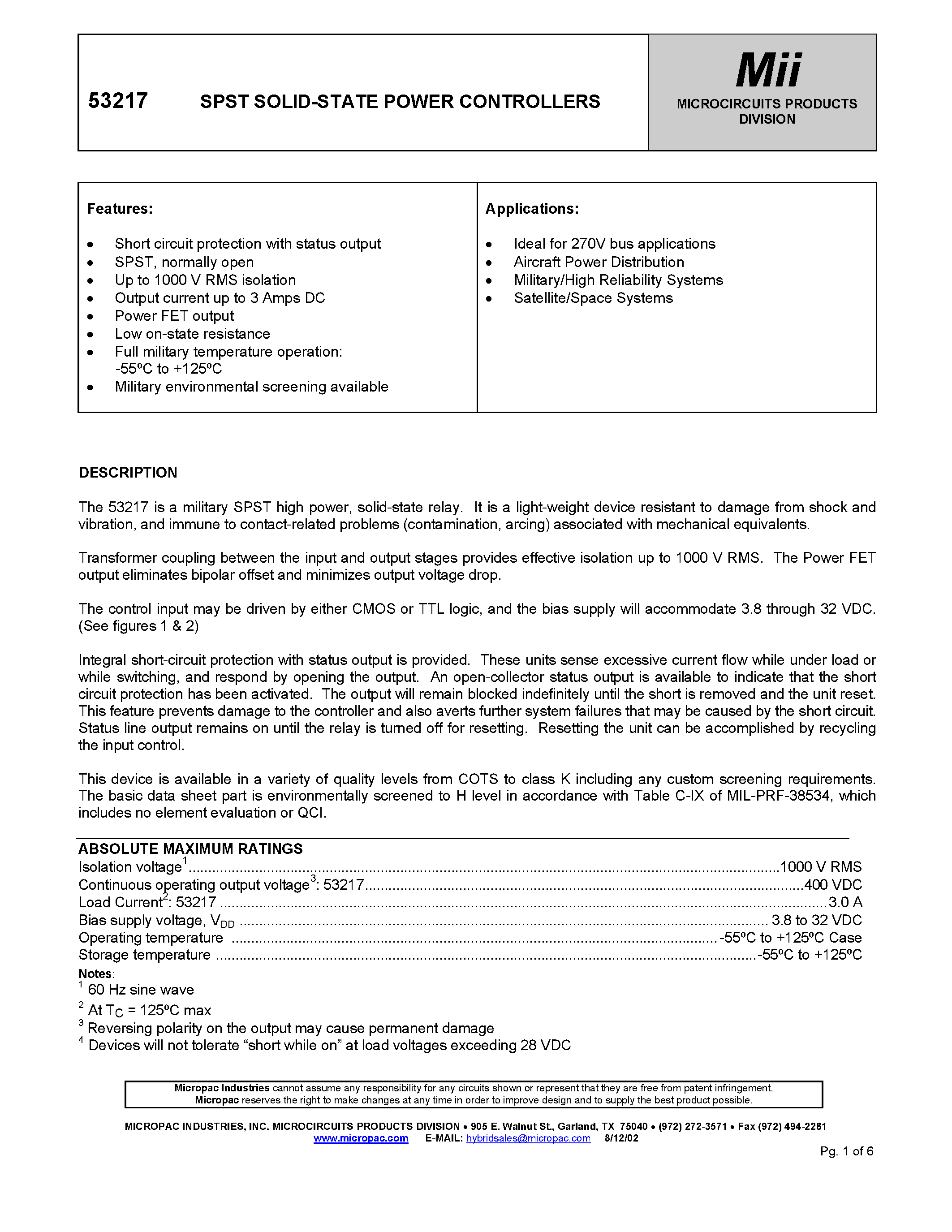 Datasheet 53217 page 1 Datasheet 53217 - SPST SOLID-STATE POWER CONTROLLERS page 1