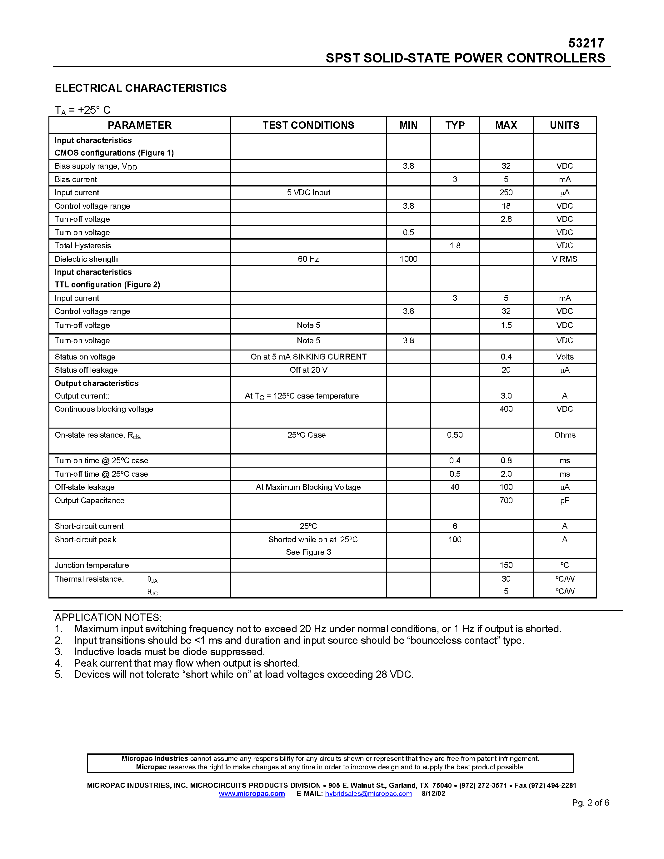 Datasheet 53217 page 2 Datasheet 53217 - SPST SOLID-STATE POWER CONTROLLERS page 2