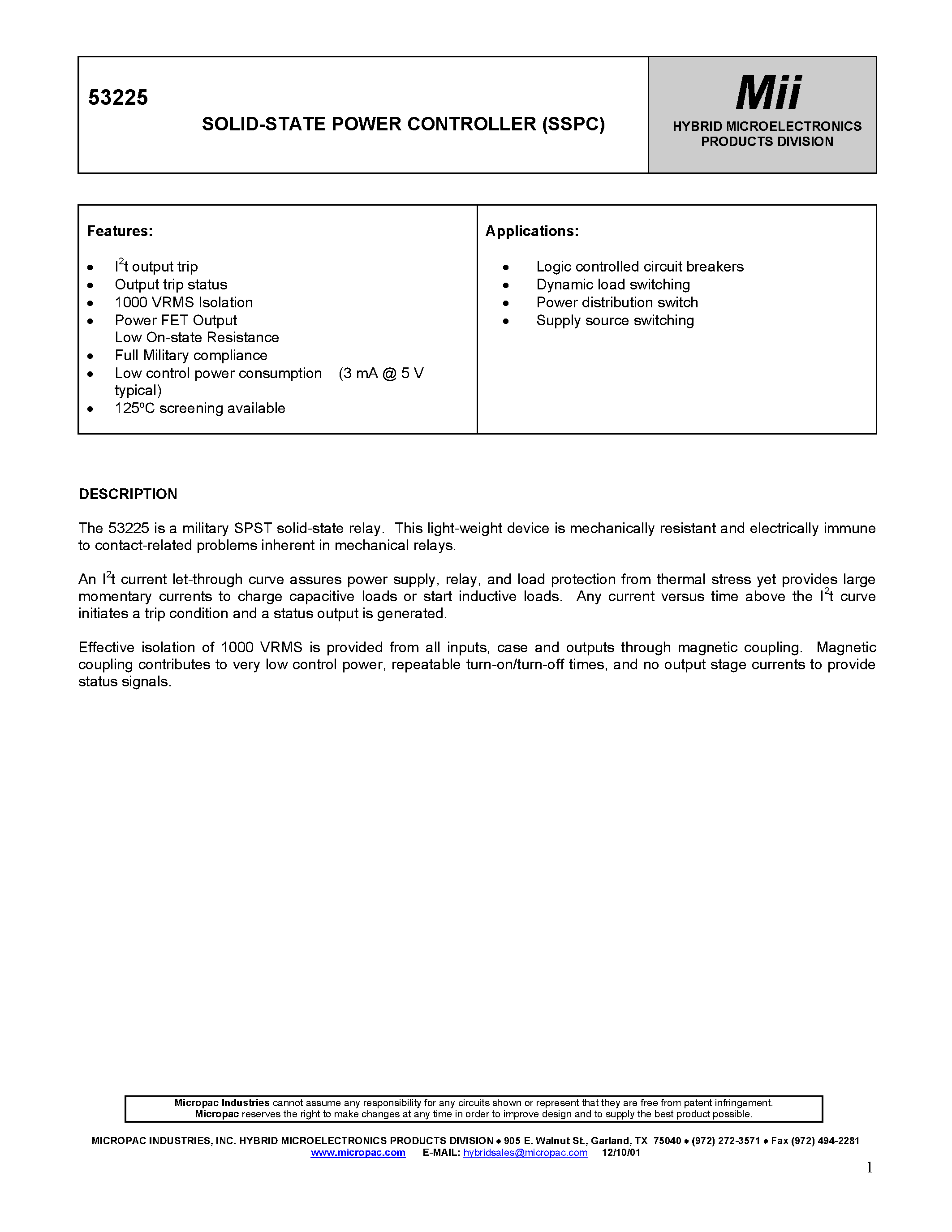 Datasheet 53225 page 1 Datasheet 53225 - SOLID-STATE POWER CONTROLLER (SSPC) page 1