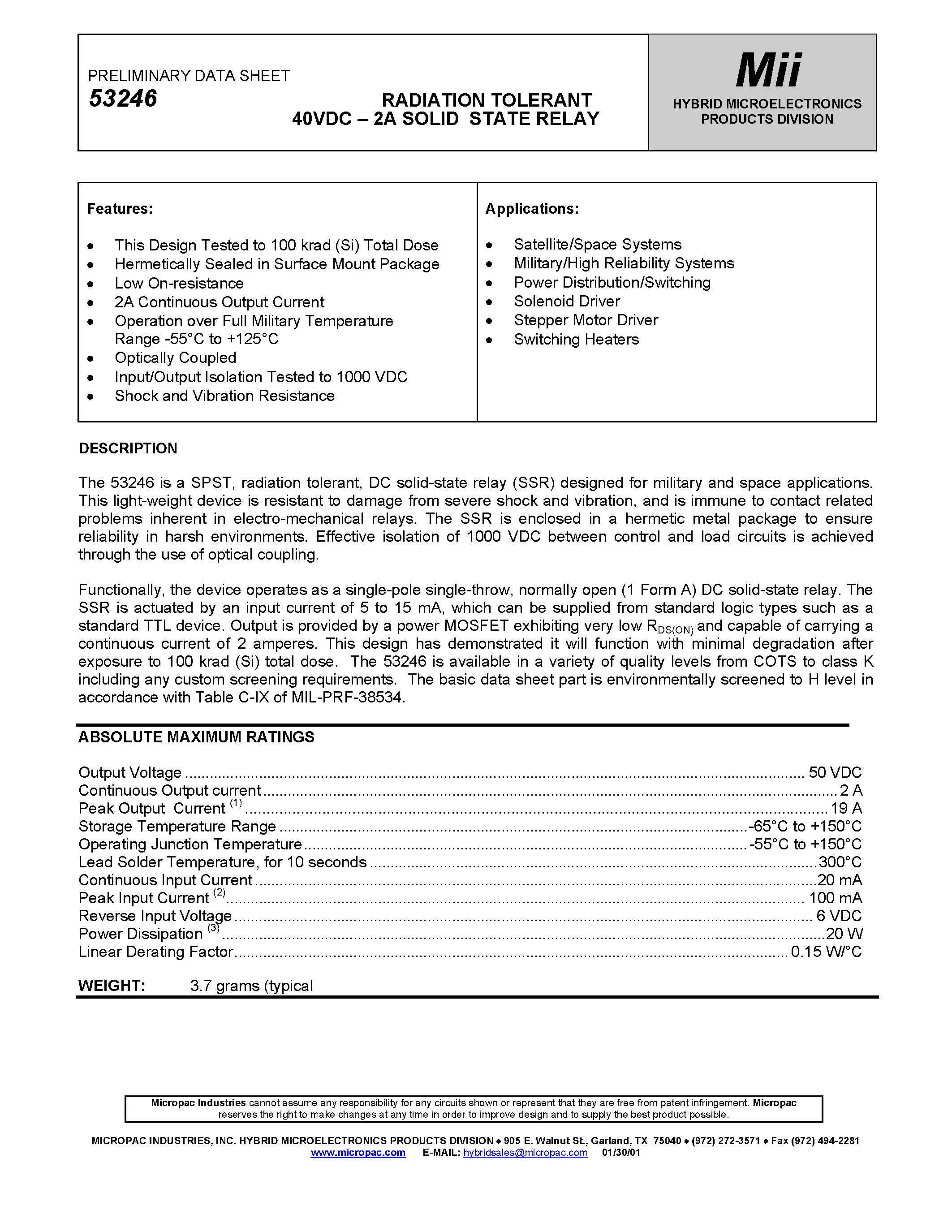 Datasheet 53246 page 1 Datasheet 53246 - RADIATION TOLERANT 40VDC - 2A SOLID STATE RELAY page 1