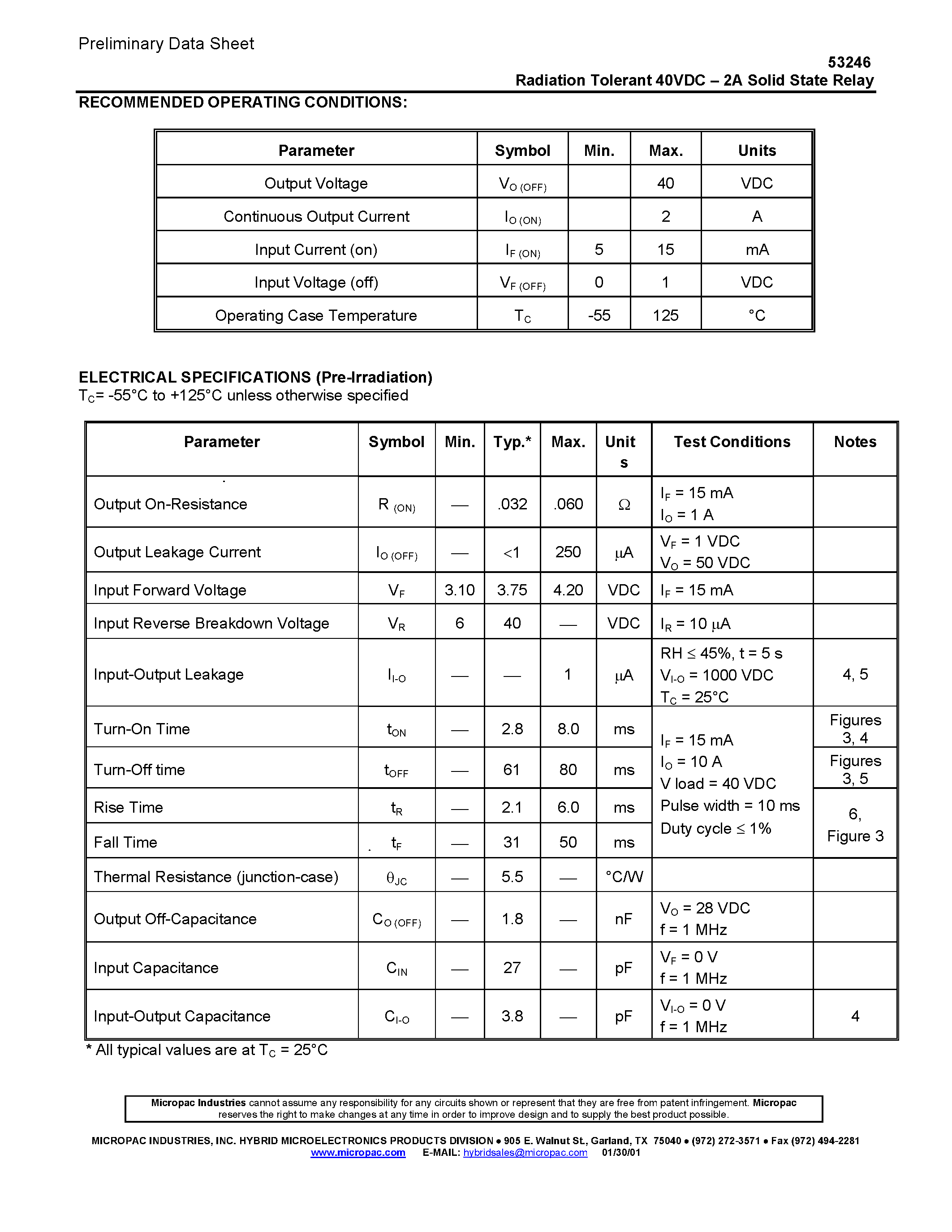 Datasheet 53246 page 2 Datasheet 53246 - RADIATION TOLERANT 40VDC - 2A SOLID STATE RELAY page 2